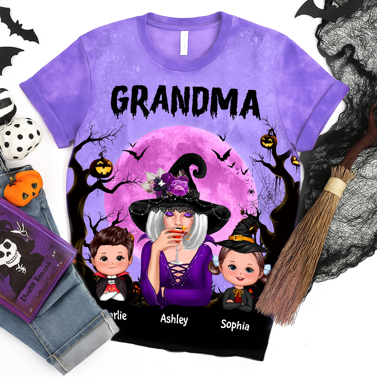 T-shirt personnalisé Sorcière Grand-mère & Enfants Lune Chauve-souris Arbre, Costume d'Halloween pour Grand-mère — Blanc
