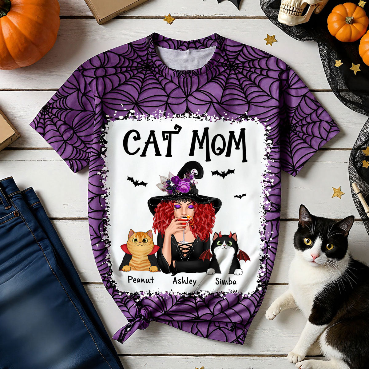 T-shirt Personnalisé Maman Chat Sorcière Toile d'Araignée Halloween, Costume d'Halloween Effrayant Pour les Amoureux des Chats — Blanc