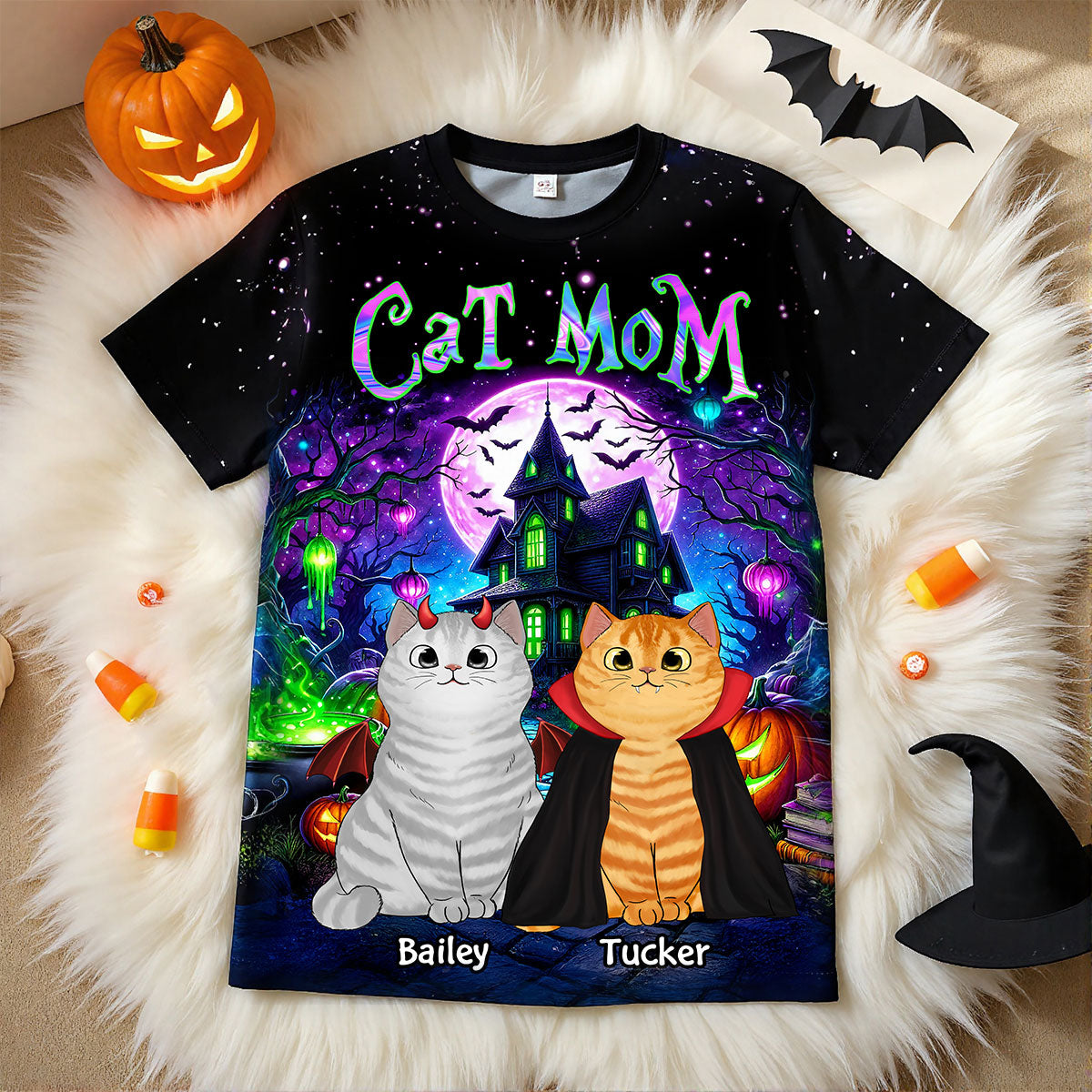T-shirt personnalisé fond paysage de rêve d'Halloween pour maman chat, Costume purr-fait pour amateur de chats — Noir