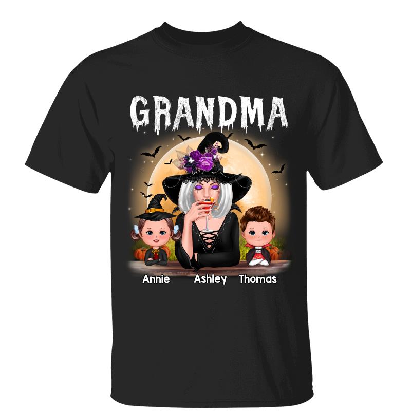 Sorcière Mamie Maman Avec Petits-Enfants Halloween T-Shirt Personnalisé (T-Shirt Couleur Sombre) — Noir