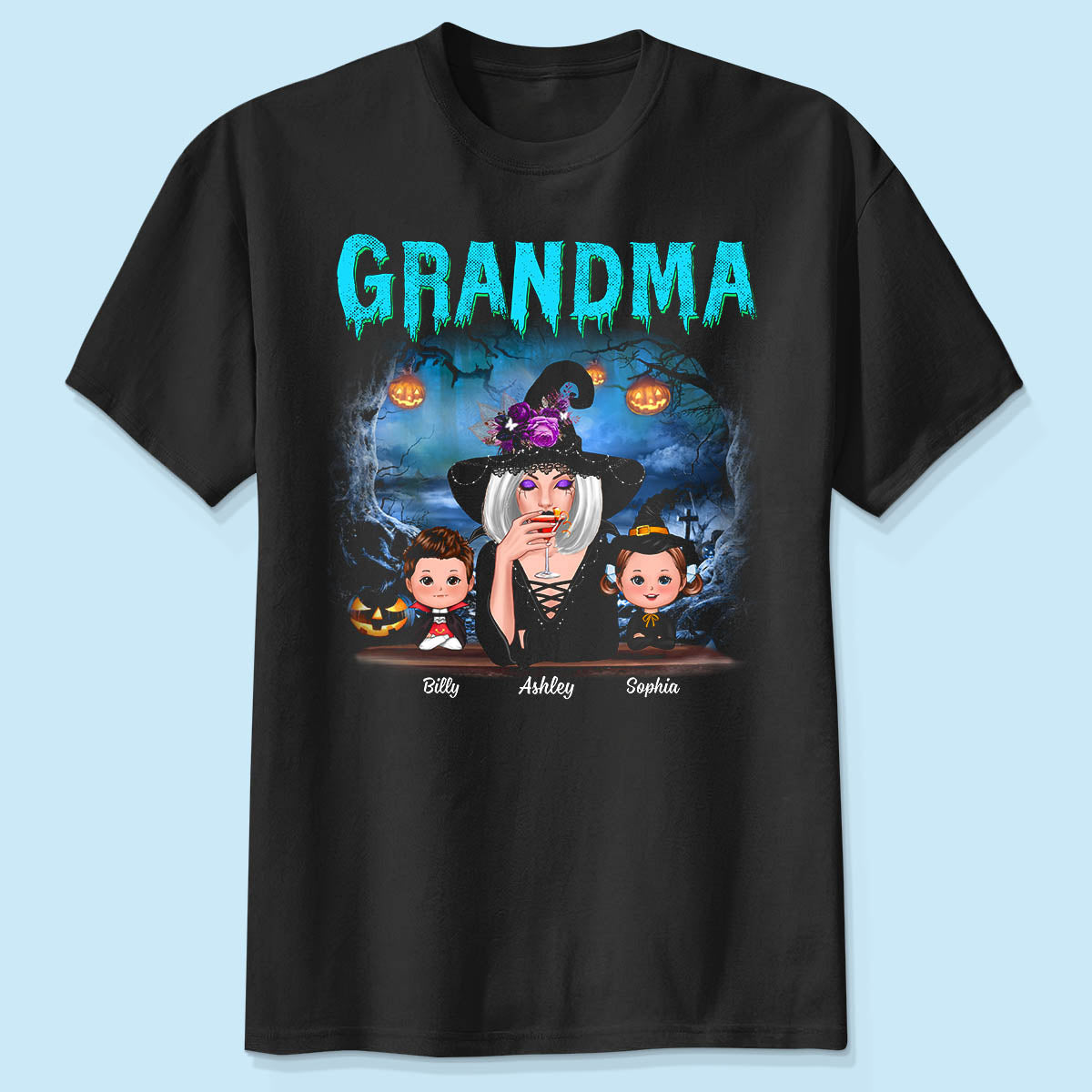 Nuit d'Halloween Grand-mère Sorcière Et Enfants T-shirt Personnalisé — Noir
