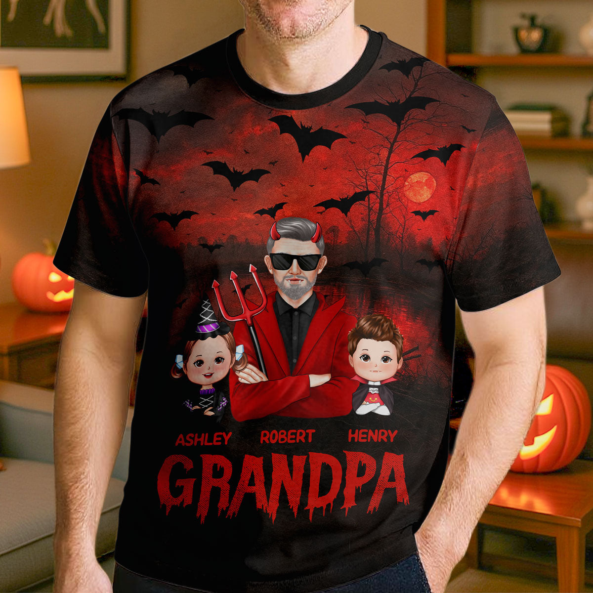 T-Shirt Personnalisé Halloween Papa Grand-Père Avec Enfants Dracula — Noir