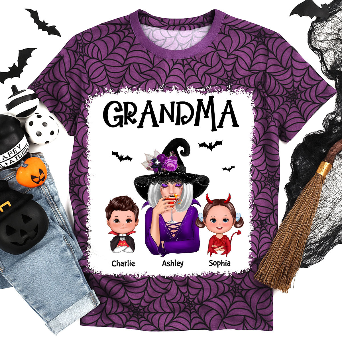 T-shirt 3D personnalisé Halloween Toile d'araignée Sorcière Grand-mère — Blanc