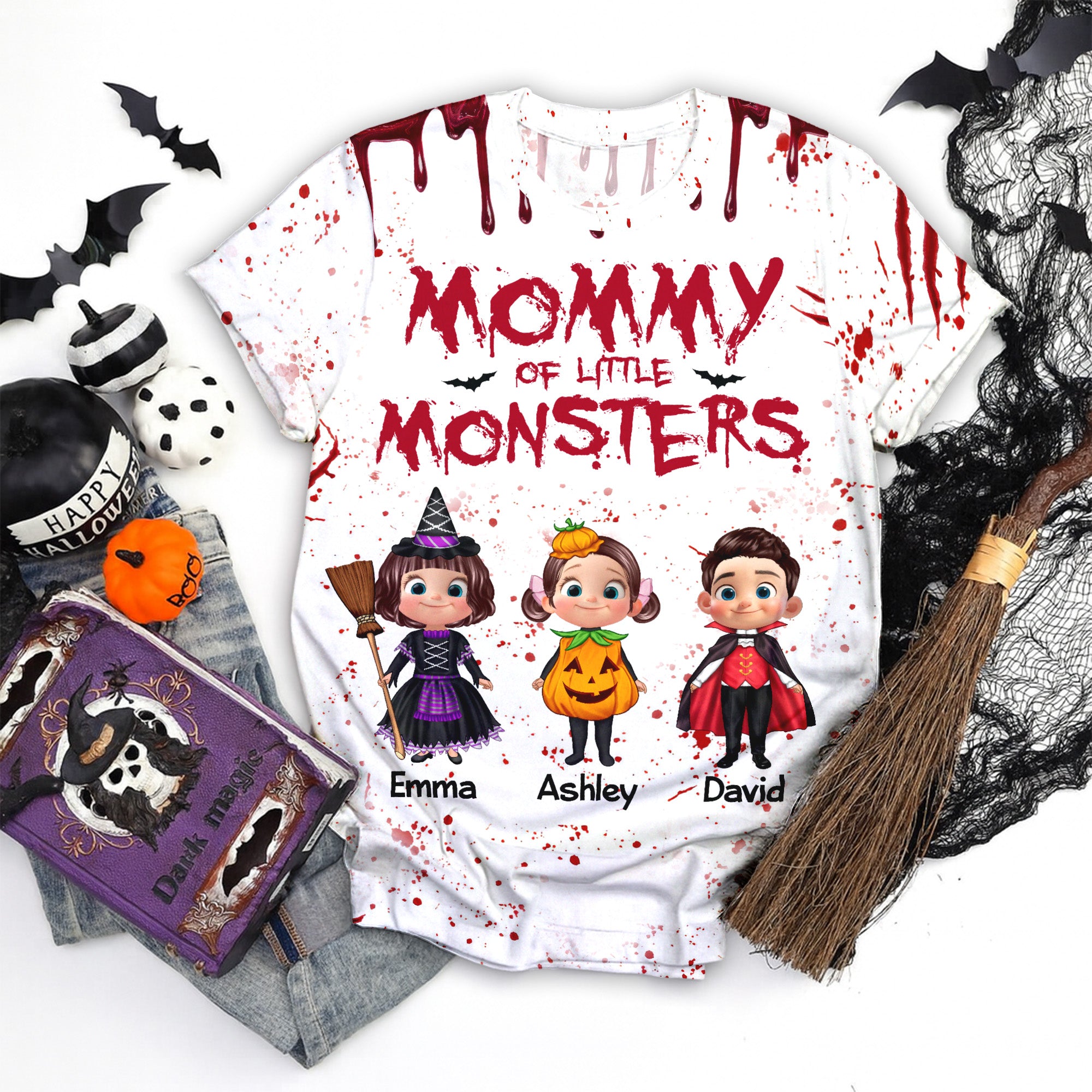 T-Shirt 3D Personnalisé Maman Papa Des Monstres Enfants Mignons Halloween — Blanc