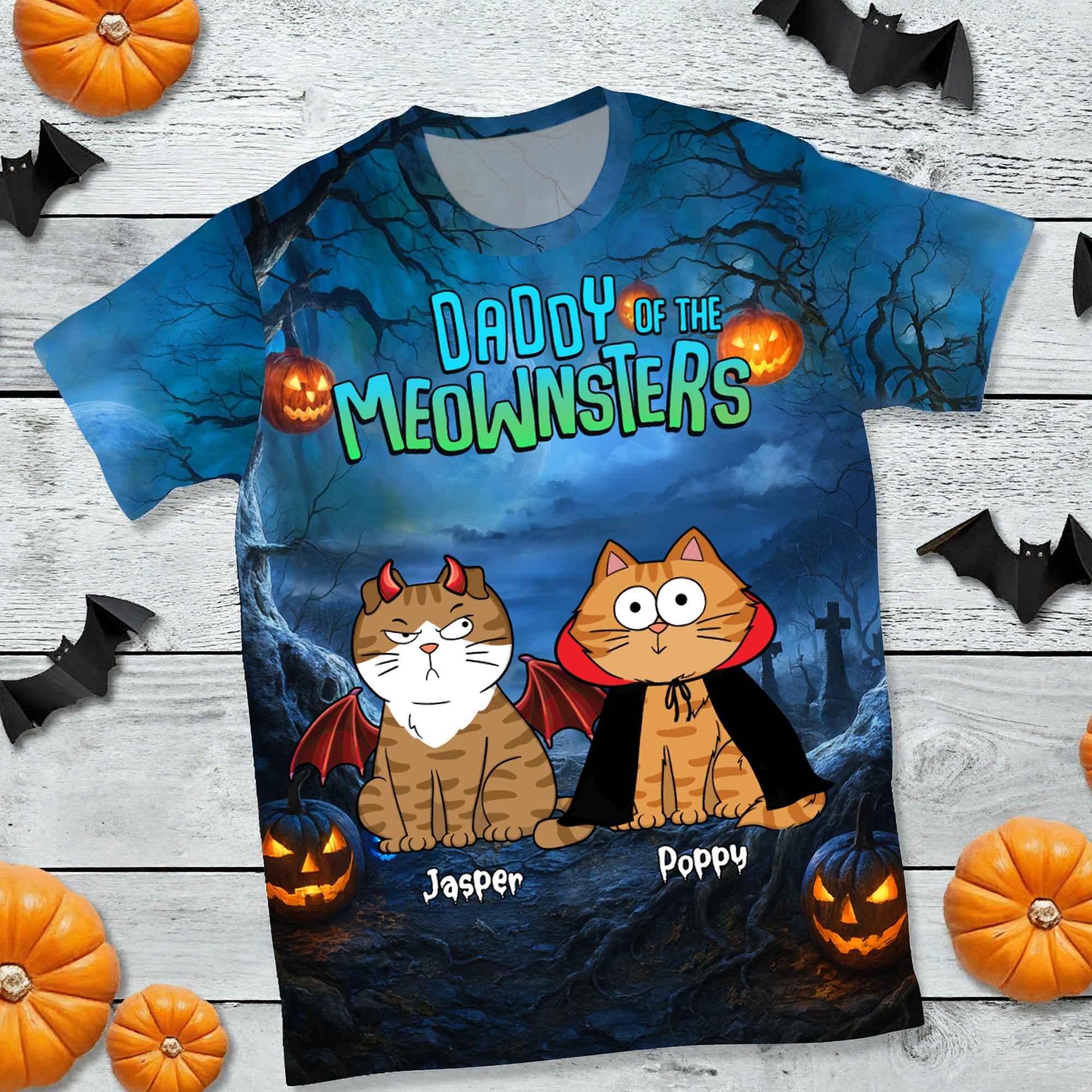 T-shirt Personnalisé Nuit D'Halloween Maman Papa Des Monstres Chats, Costume Épouvantable d'Halloween Pour Les Amoureux Des Chats — Bleu Clair
