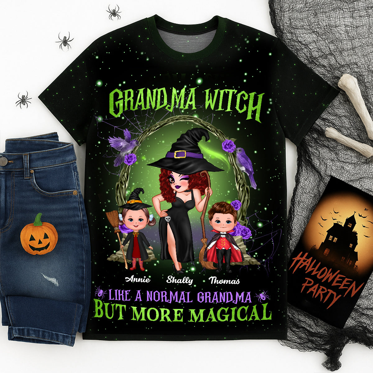 T-shirt Personnalisé Jolie Sorcière Mamie & Enfants Violet Et Vert, Costume d'Halloween pour Mamie — Noir