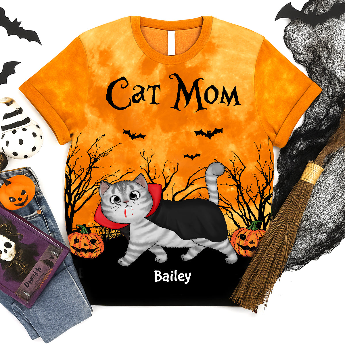 T-shirt Personnalisé Maman Chat Halloween Lune Lumière Chauve-souris Arbre Chat Qui Marche, Costume Purrfait Pour Amoureux Des Chats — Sable