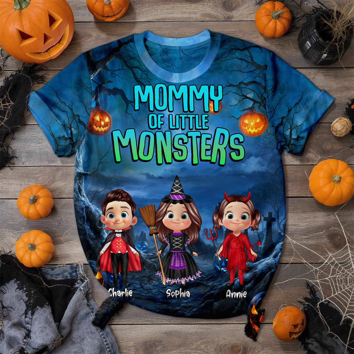 Nuit d'Halloween Maman Papa Mamie Papi Des Petits Monstres Mignons Enfants Cartoon T-shirt 3D Personnalisé — Bleu Clair