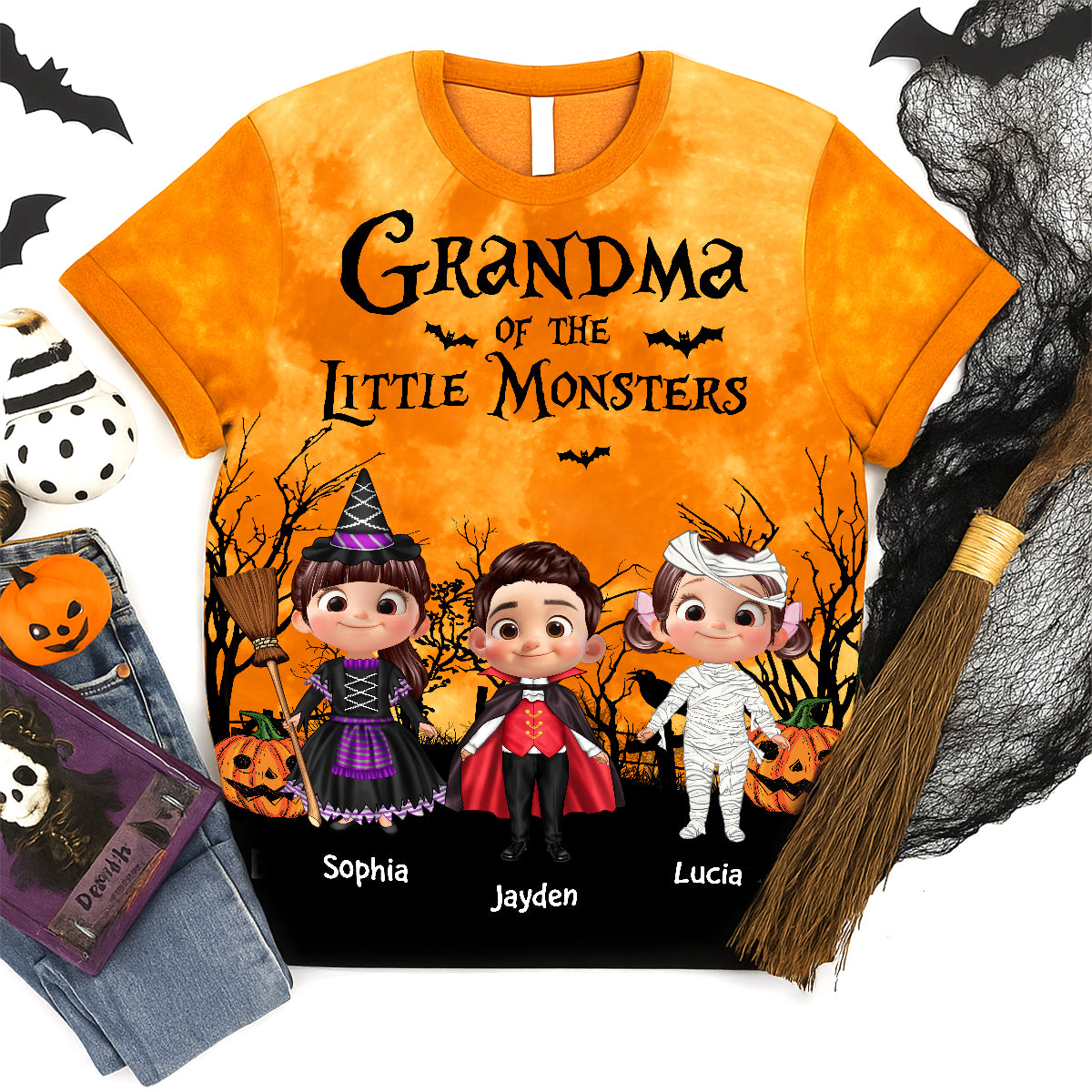 Halloween Maman Papa Mamie Papi Des Petits Monstres Mignons Cartoon Enfants T-Shirt 3D Personnalisé — Blanc