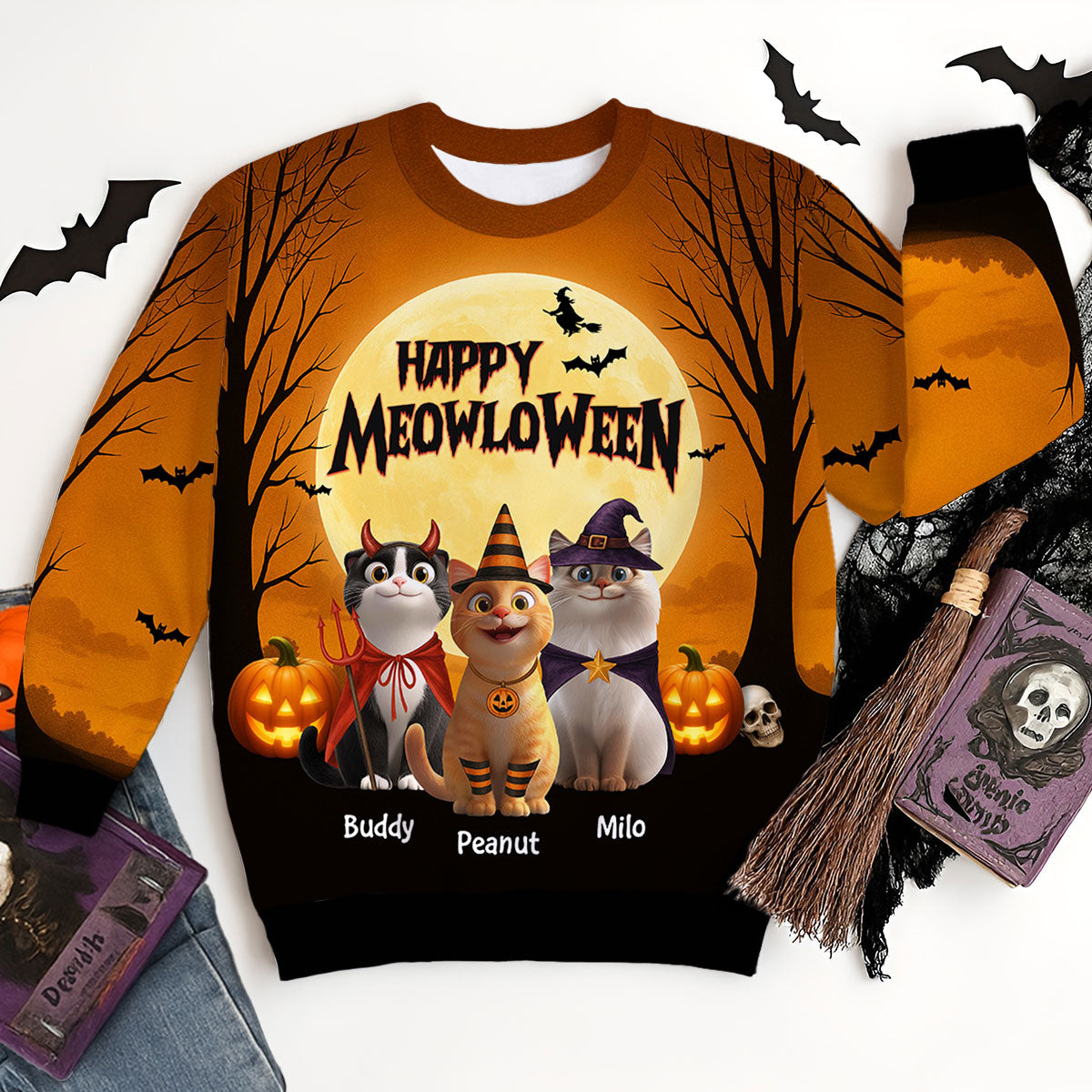 Happy Meowloween Sweat-shirt 3D personnalisé, Costume d'Halloween pour les amoureux de chats — Sable