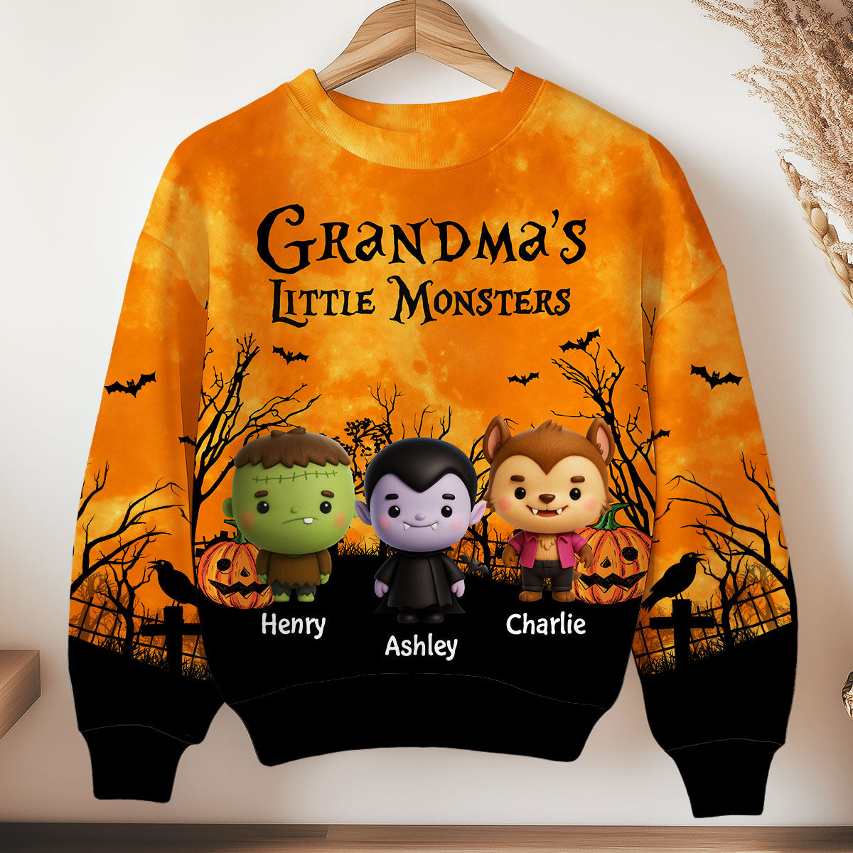 Grand-mère Maman Petits Monstres Halloween Lune Chauve-souris Arbre Sweat-shirt 3D Personnalisé, Costume Purrfect pour Grand-mère — Blanc