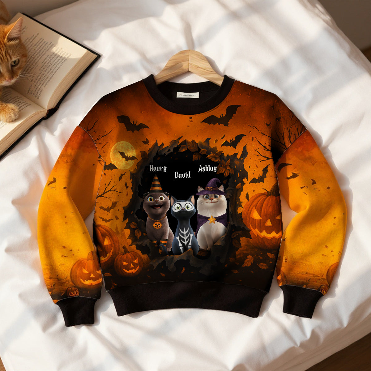 Sweatshirt 3D personnalisé Chat 3D en évasion hantée d'Halloween, Déguisement d'Halloween pour les amoureux des chats — Noir