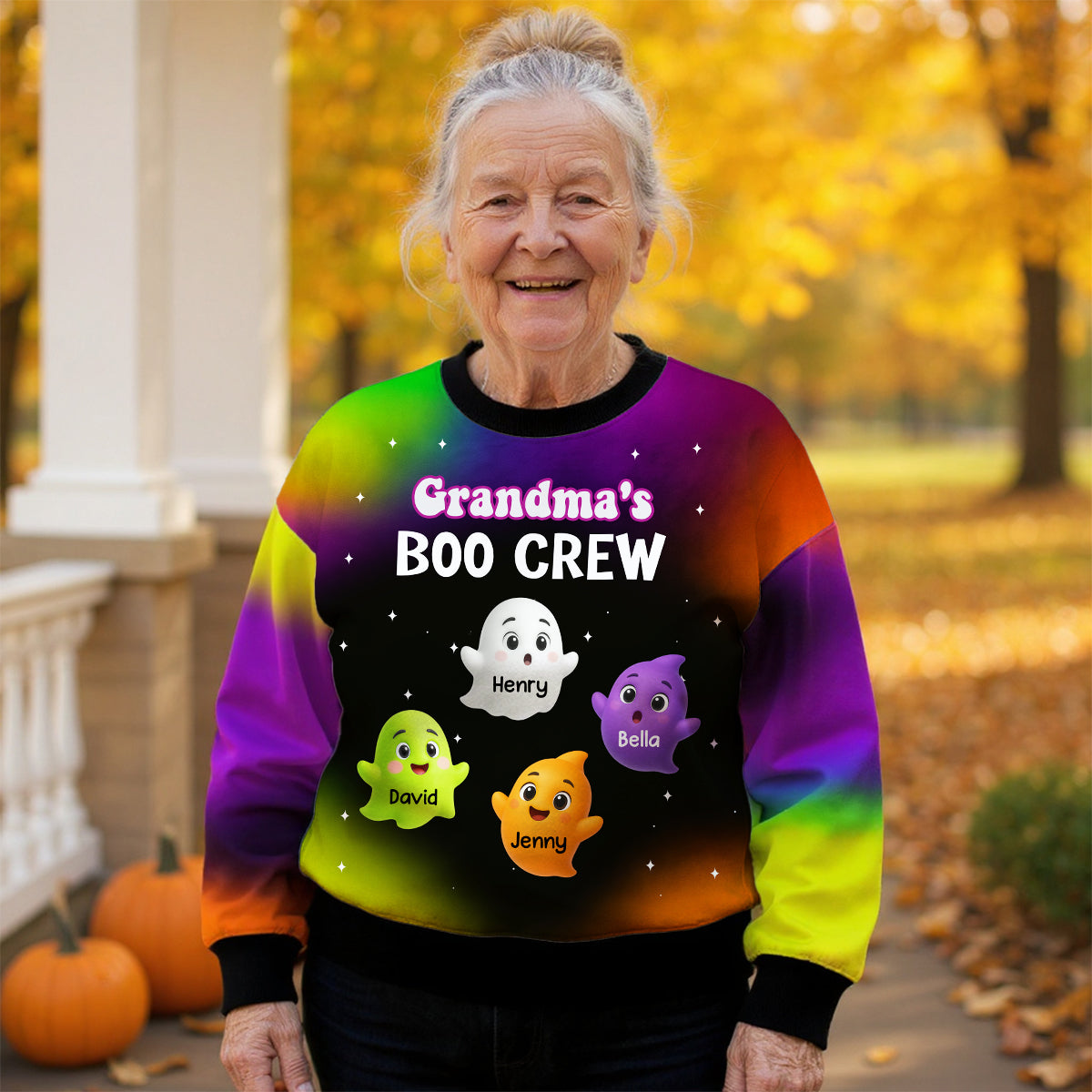 Sweatshirt 3D personnalisé Mamie Maman Boo Crew, Cadeau d'Halloween pour Mamie — Noir