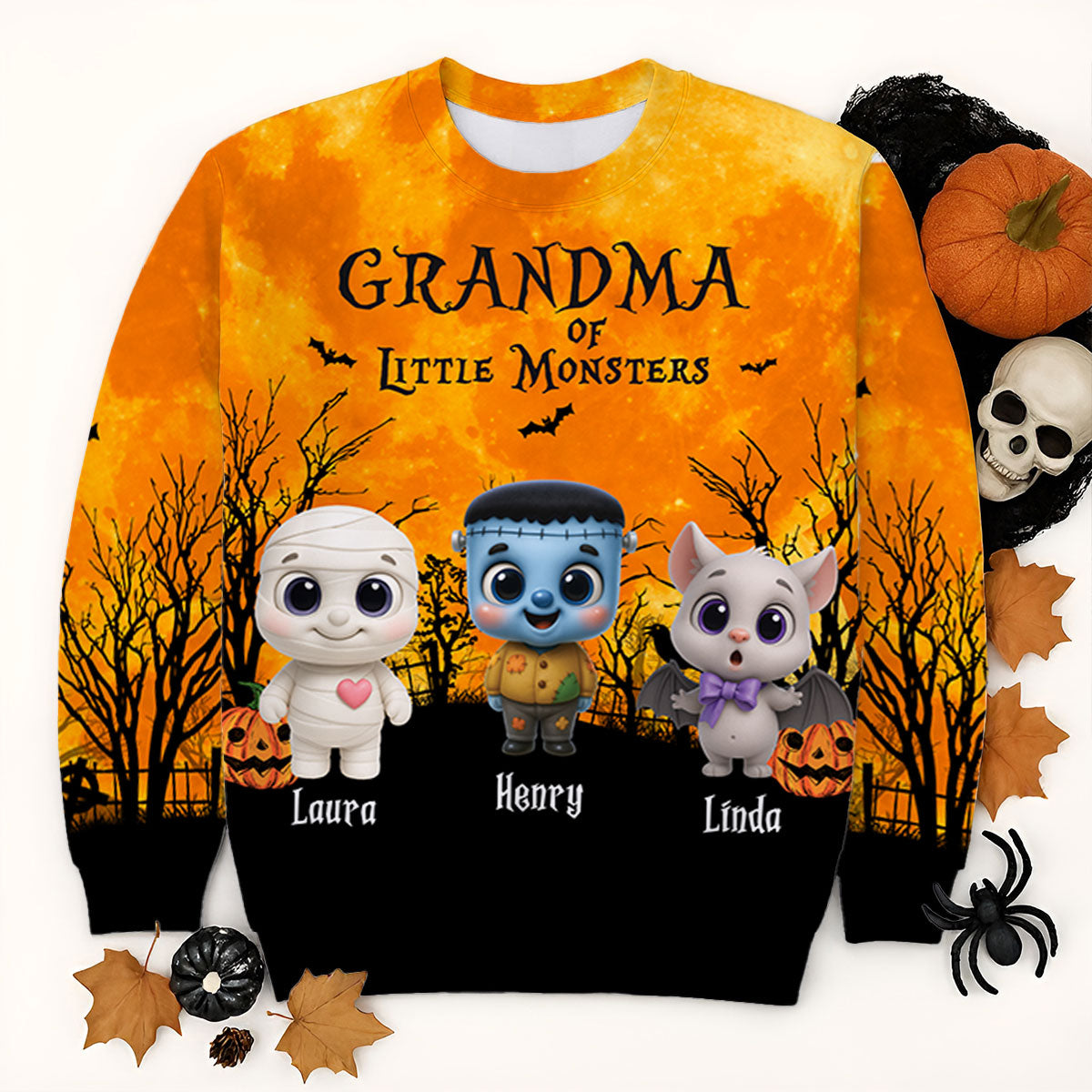 Sweat-shirt 3D Personnalisé Grand-mère Maman Petits Monstres Mignons Halloween Lune Lumière Chauve-souris Arbre, Costume Purrfect pour Grand-mère — Blanc