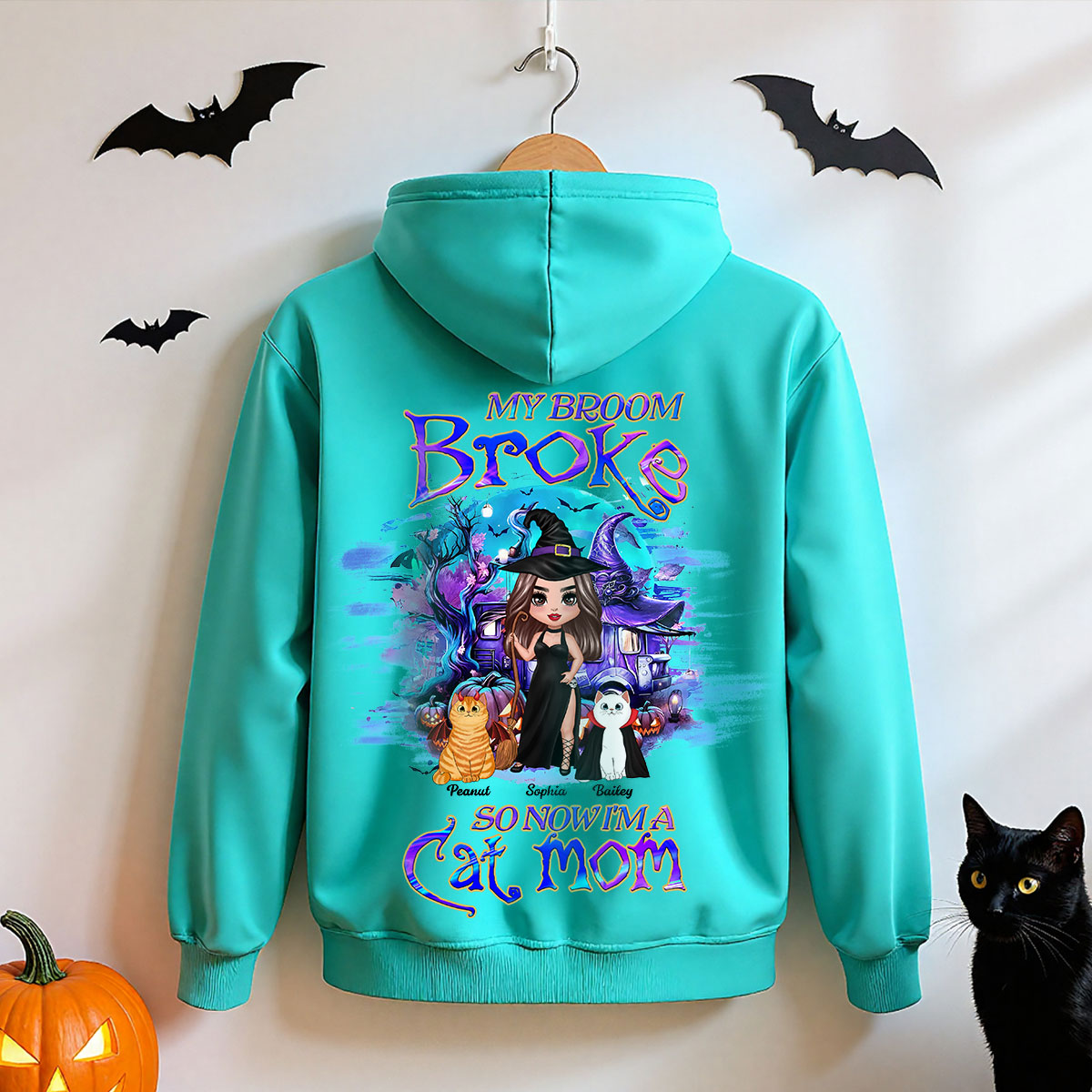 Mon balai est cassé alors je suis maman chat Sweat à capuche personnalisé Halloween — Bleu clair