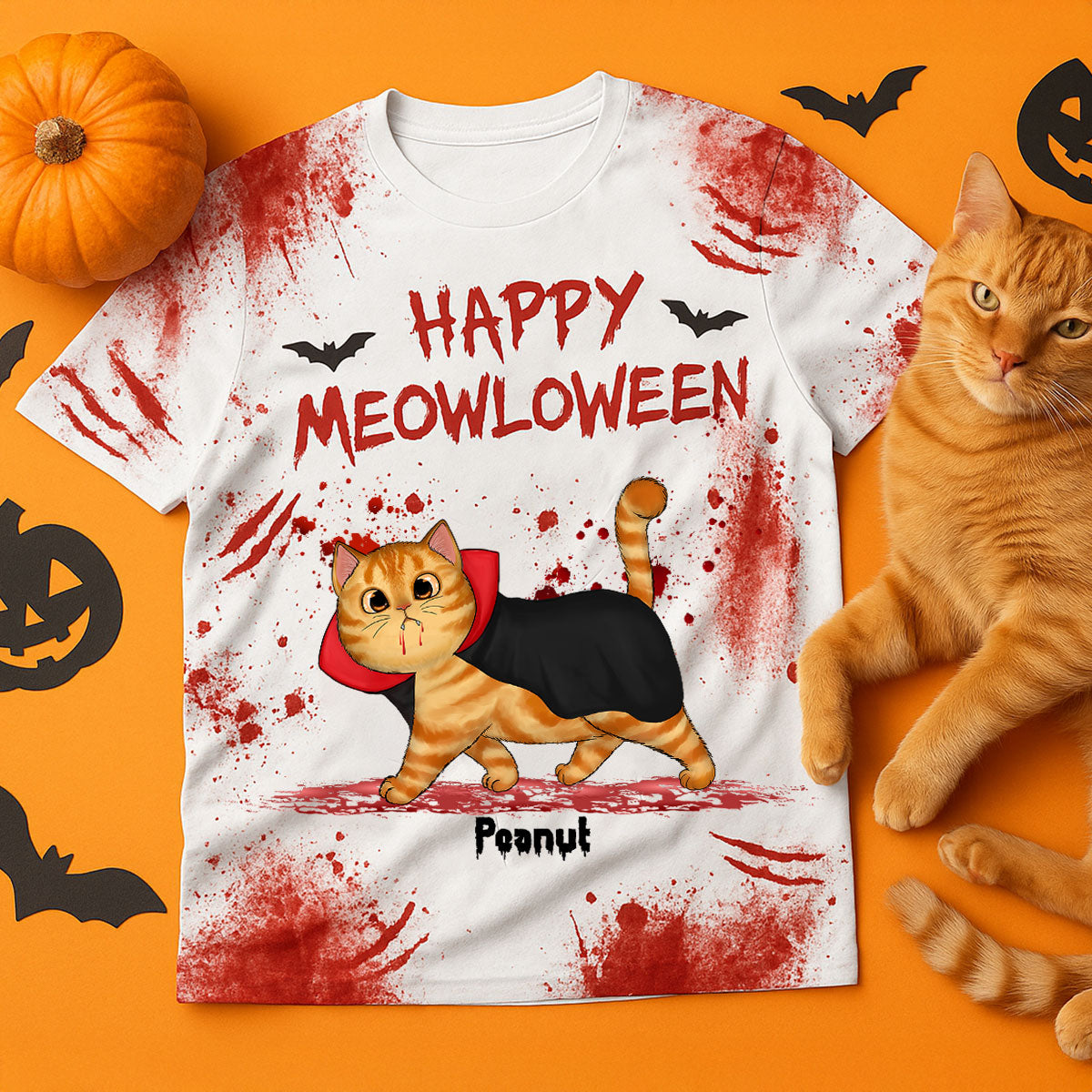 T-shirt Personnalisé Happy Meowloween Chat Marcheur Effrayant, Costume d'Halloween Pour Amoureux des Chats — Blanc