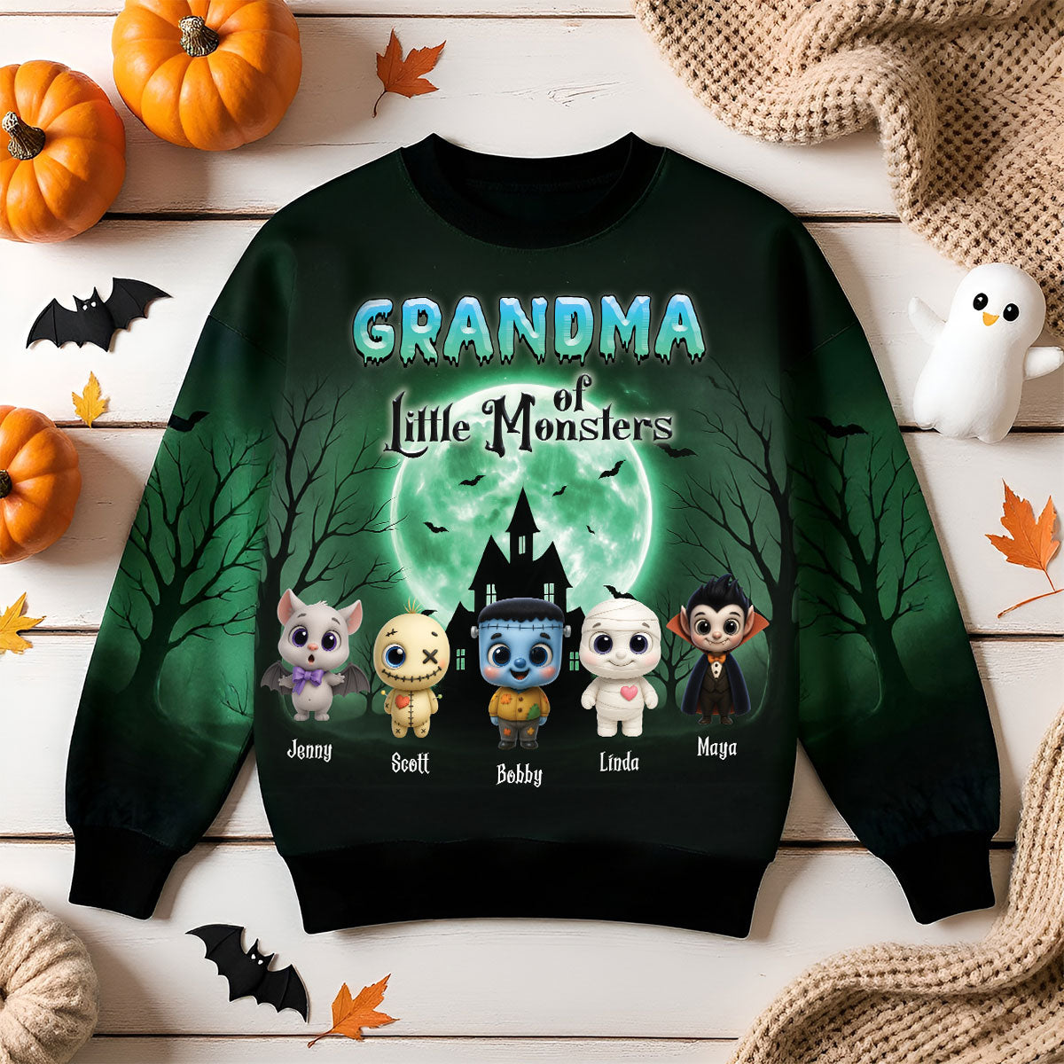Mamie Maman Petits Monstres Thème Bleu Canard Sweat-shirt Personnalisé 3D, Cadeau d'Halloween pour Mamie — Noir
