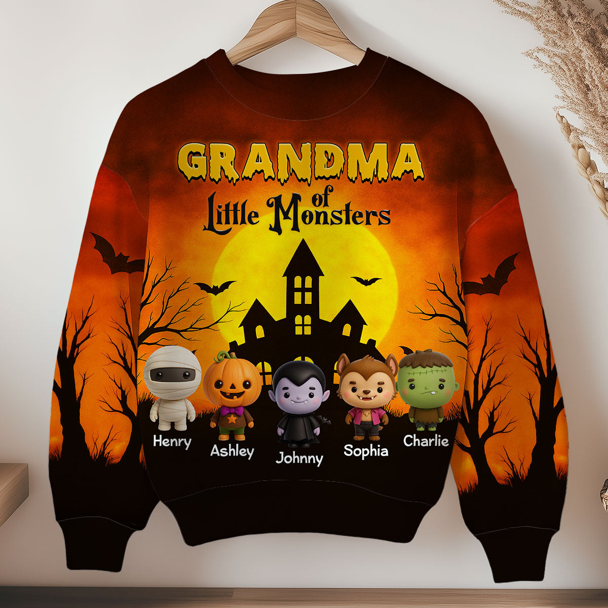 Sweat-shirt 3D personnalisé Grandma Mom Little Monsters, cadeau d'Halloween pour Mamie — Noir