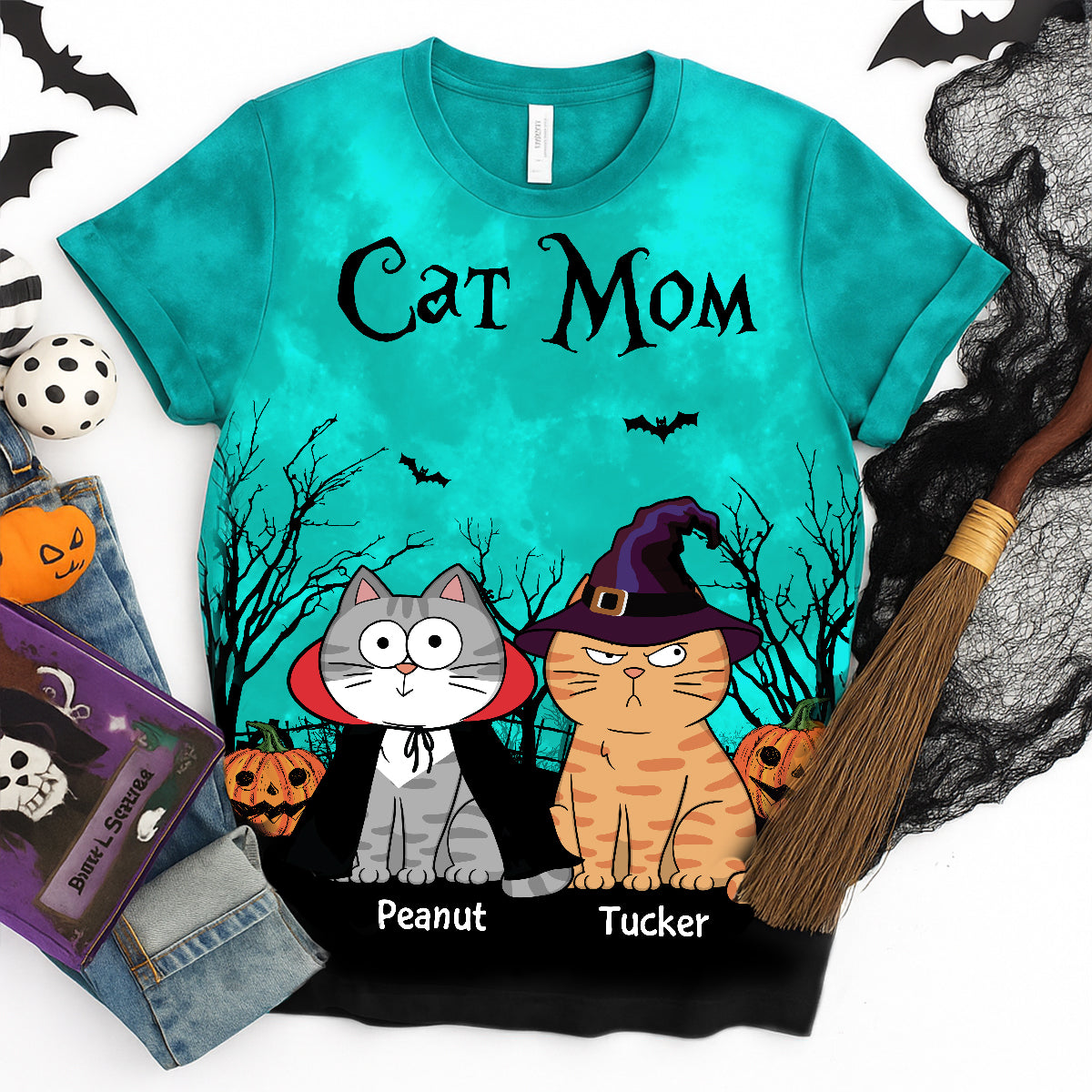 T-Shirt Personnalisé Maman Chat Halloween Clair de Lune Chauve-souris Arbre Chat Embêtant, Costume Parfait pour Amateur de Chats — Bleu Clair