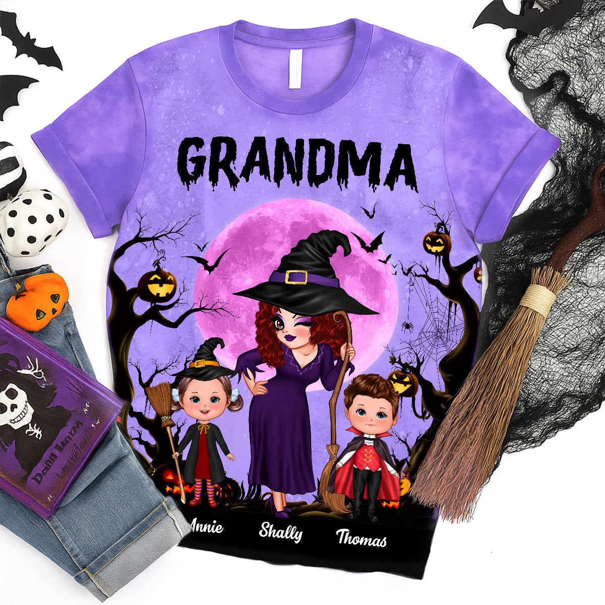 Jolie Sorcière Mamie & Enfants Lune Chauve-souris Arbre - T-shirt 3D personnalisé — Blanc