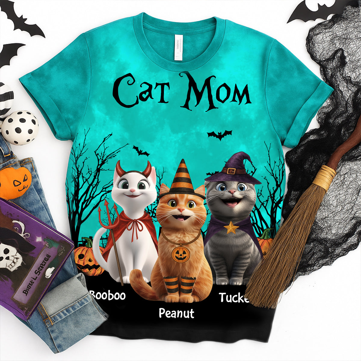 猫妈妈万圣节月光蝙蝠树卡通猫个性化衬衫,爱猫人士的喵趣完美装扮 — 浅蓝色