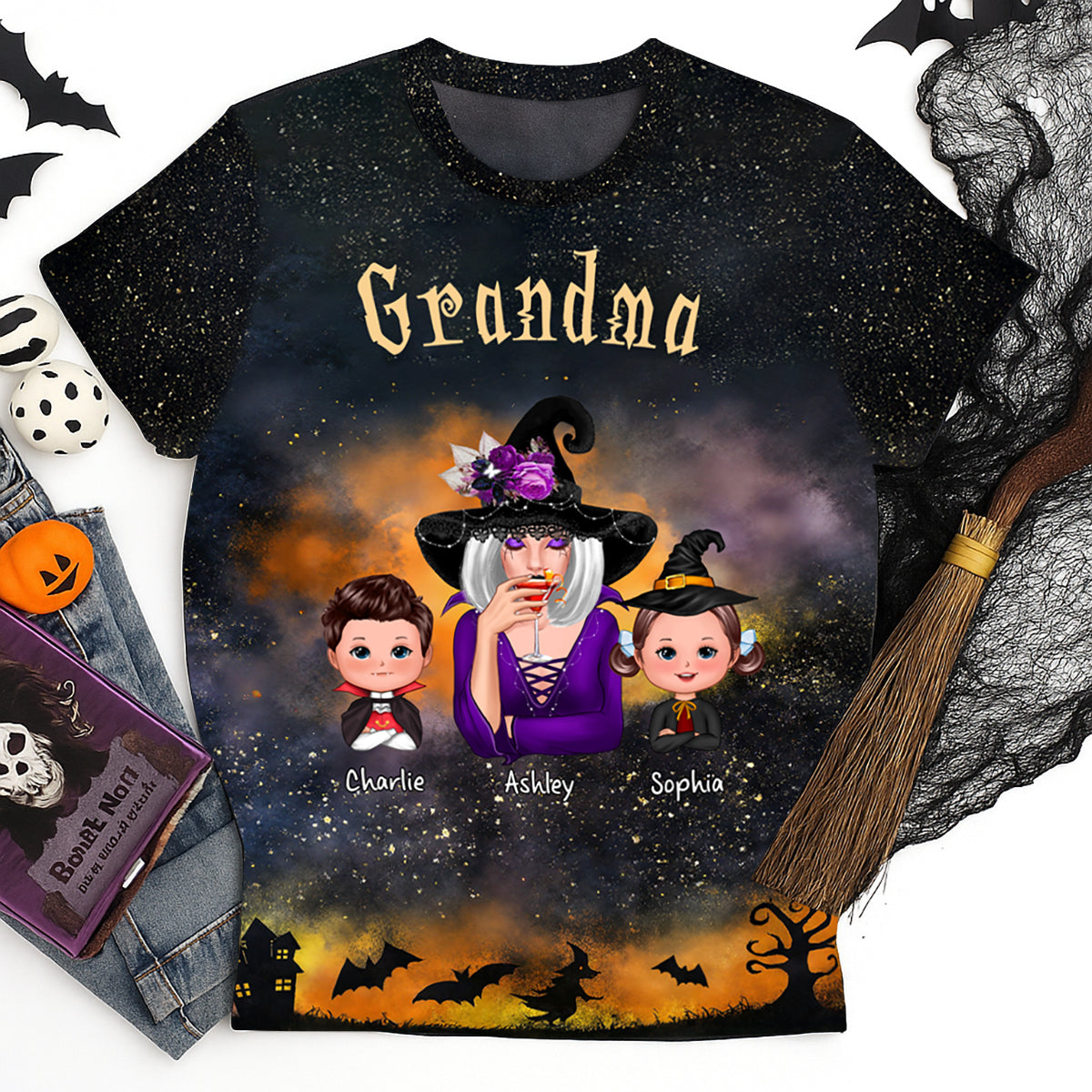 Mamie & Enfants T-Shirt Personnalisé Motif Tie-Dye Dégradé Sorcière Parfait Costume d'Halloween Pour Mamie — Noir