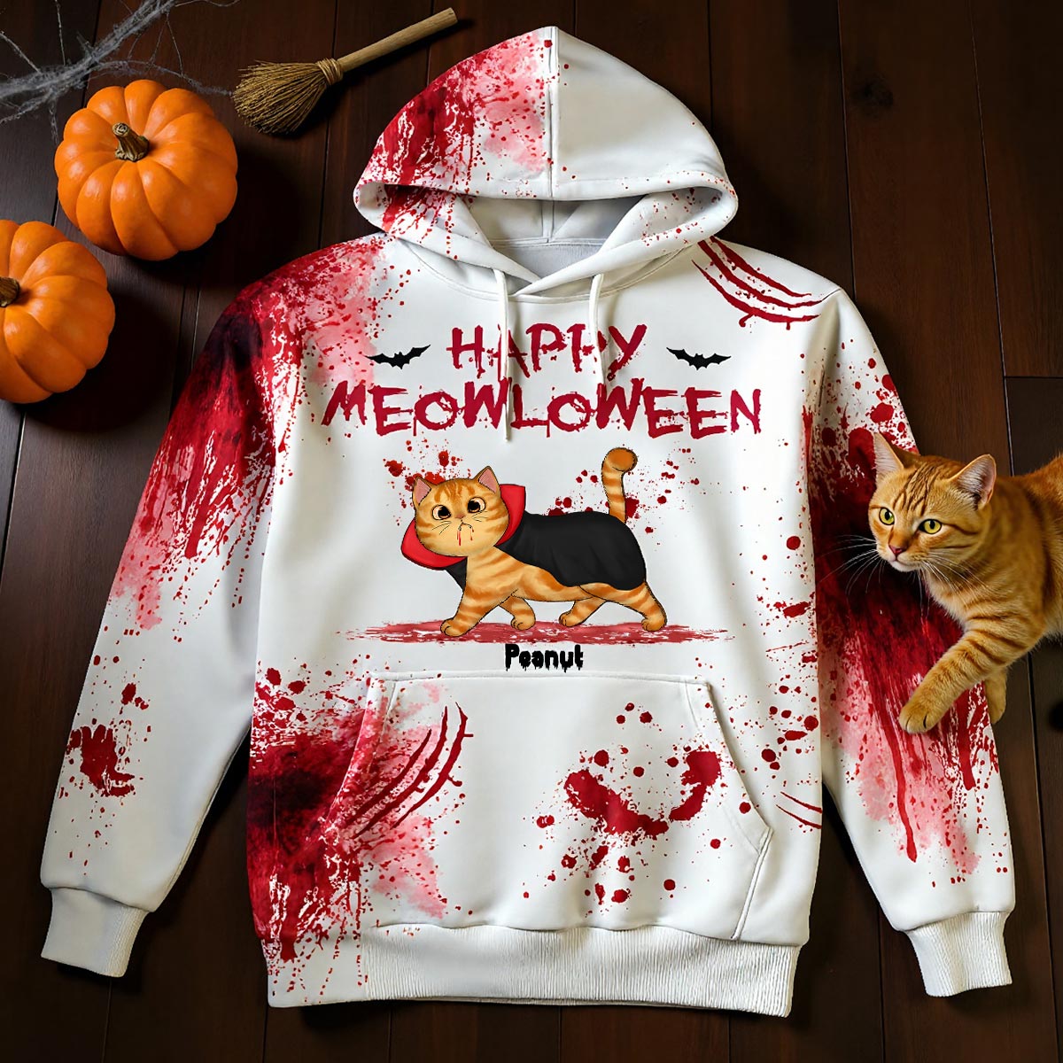 Happy Meowloween Sweat à Capuche Personnalisé Chat Effrayant Marchant, Costume d'Halloween Pour Les Amoureux Des Chats — Blanc