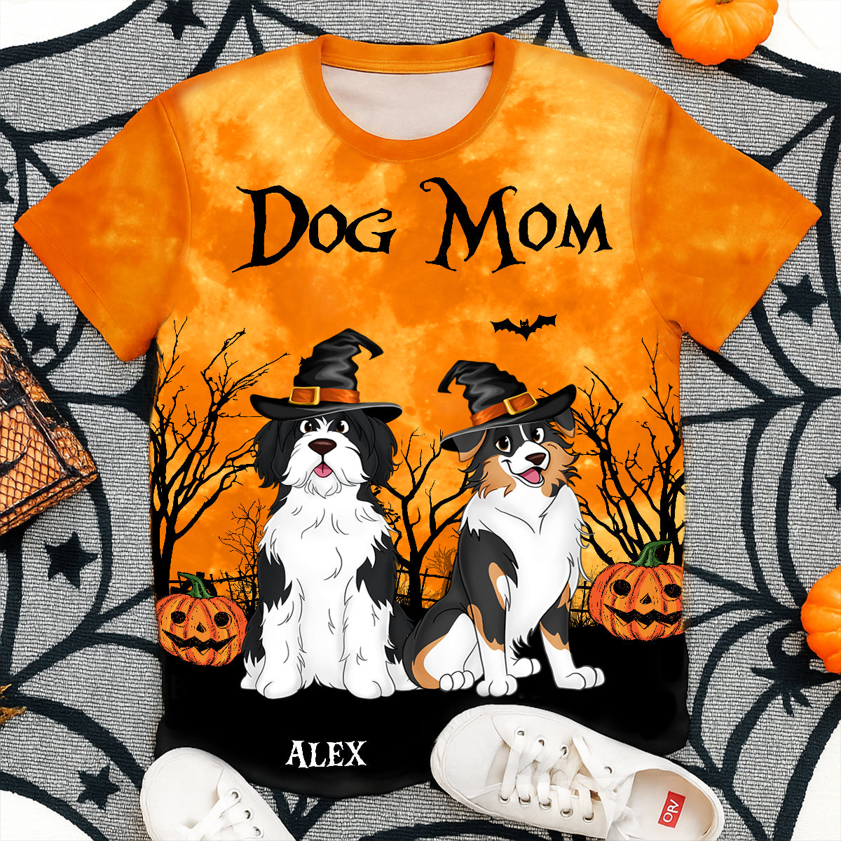 Maman Chien Halloween Clair de Lune Arbre Chauve-souris - T-shirt 3D personnalisé — Blanc