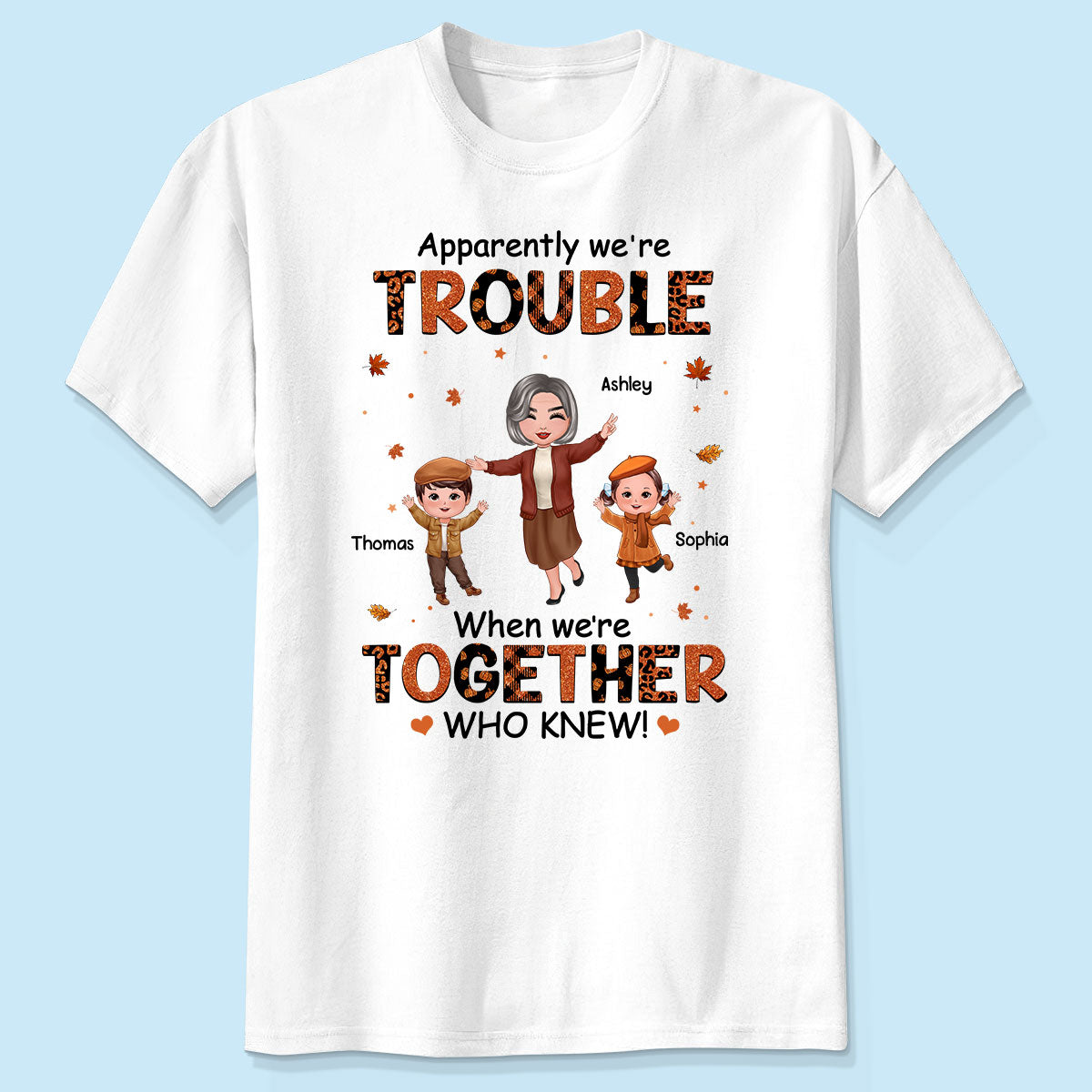 Motifs Automne Poupée Joyeuse Grand-Mère Maman Et Enfants Fauteurs De Troubles Ensemble T-Shirt Personnalisé — Blanc