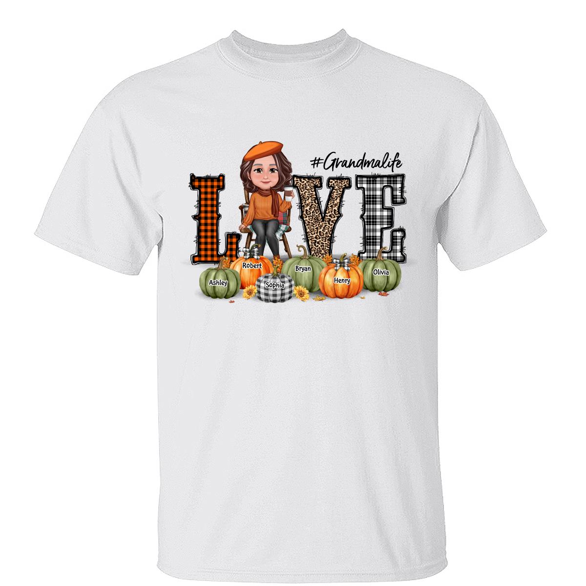 LOVE Vie de Mamie Saison d'Automne Noms de Citrouille T-shirt Personnalisé — Blanc