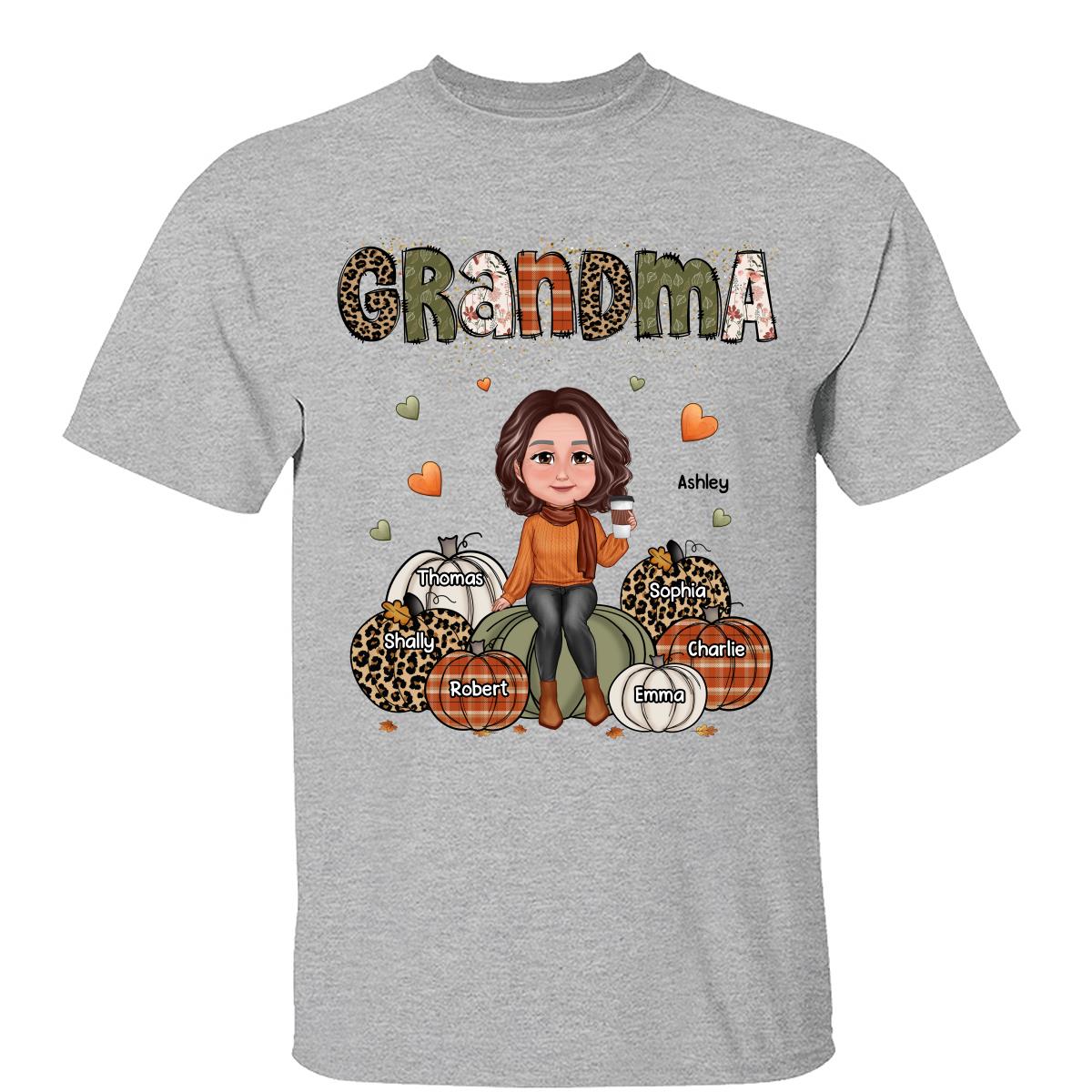 Vintage Orange & Vert Mamie Citrouilles à Motifs Prénoms des Enfants Saison d'Automne T-shirt Personnalisé — Sport Grey
