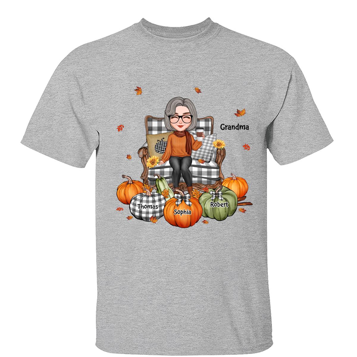 Mignonne Grand-mère Maman Assise Sur Une Chaise Saison D'automne T-shirt Personnalisé — Gris Sport