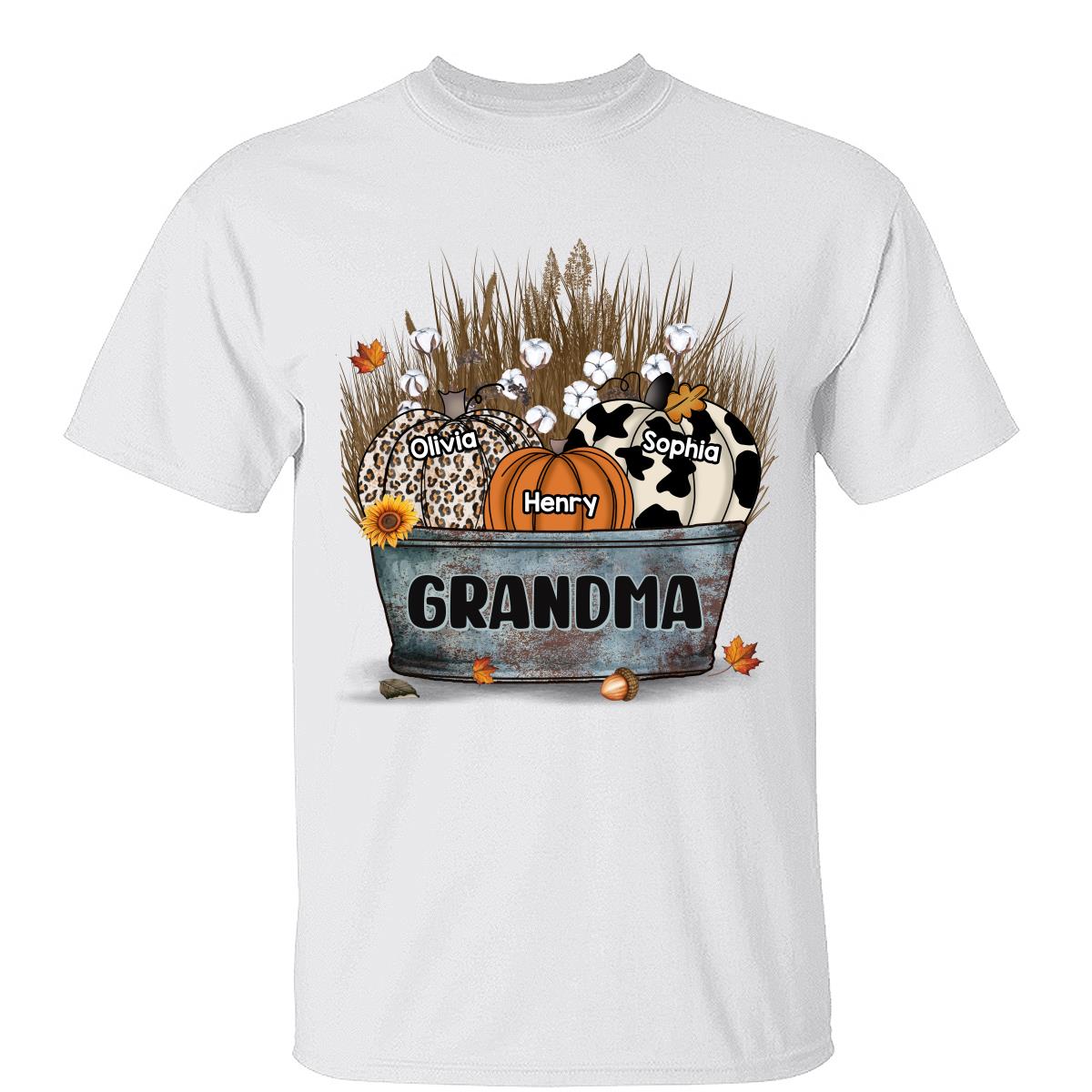 Grand-mère Maman Citrouilles Dans Un Seau Saison D'automne T-Shirt Personnalisé — Blanc