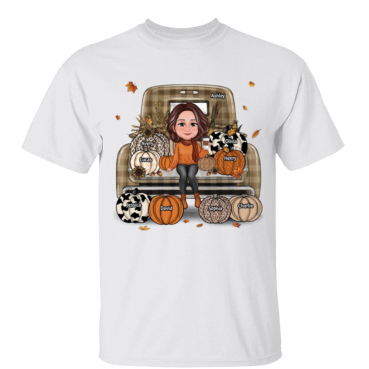 Grand-mère Maman Automne Assise Sur Camion Léopard Citrouilles T-shirt Personnalisé — Blanc