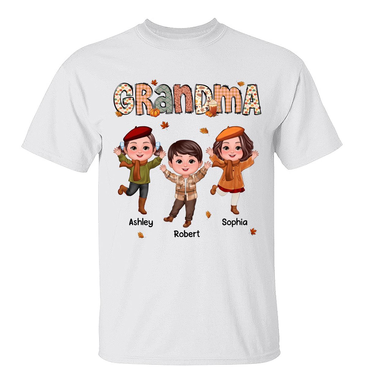 Grand-mère Maman Motif Saison Automnale Poupée Heureuse Enfants T-shirt Personnalisé — Blanc