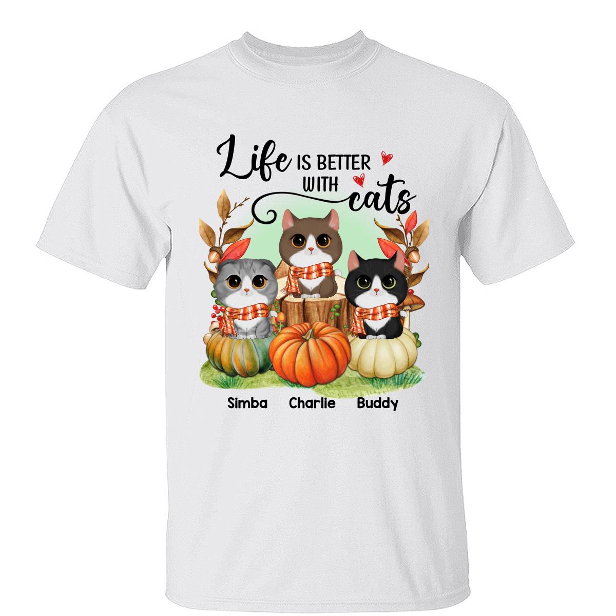 T-shirt personnalisé La vie est meilleure avec les chats Automne — Blanc