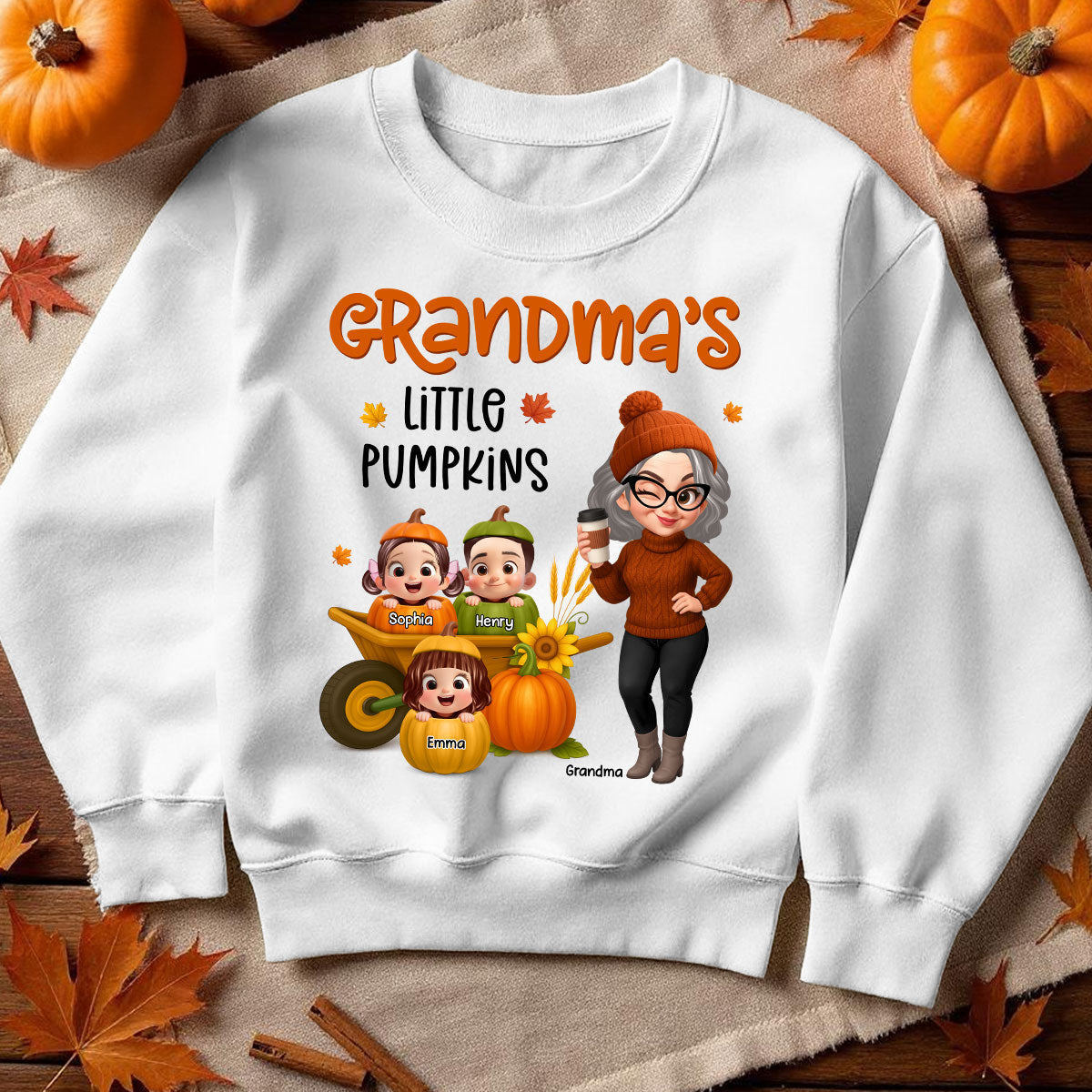 T-shirt Personnalisé Petites Citrouilles de Mamie, Jolie Mamie Et Enfants, Cadeau Saison d'Automne — Blanc