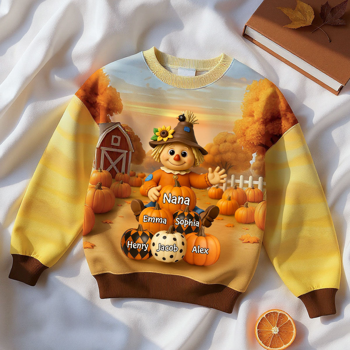 Saison d'automne Grand-mère Épouvantail Petits-enfants Citrouilles Effet 3D Sweat-shirt Personnalisé — Sable