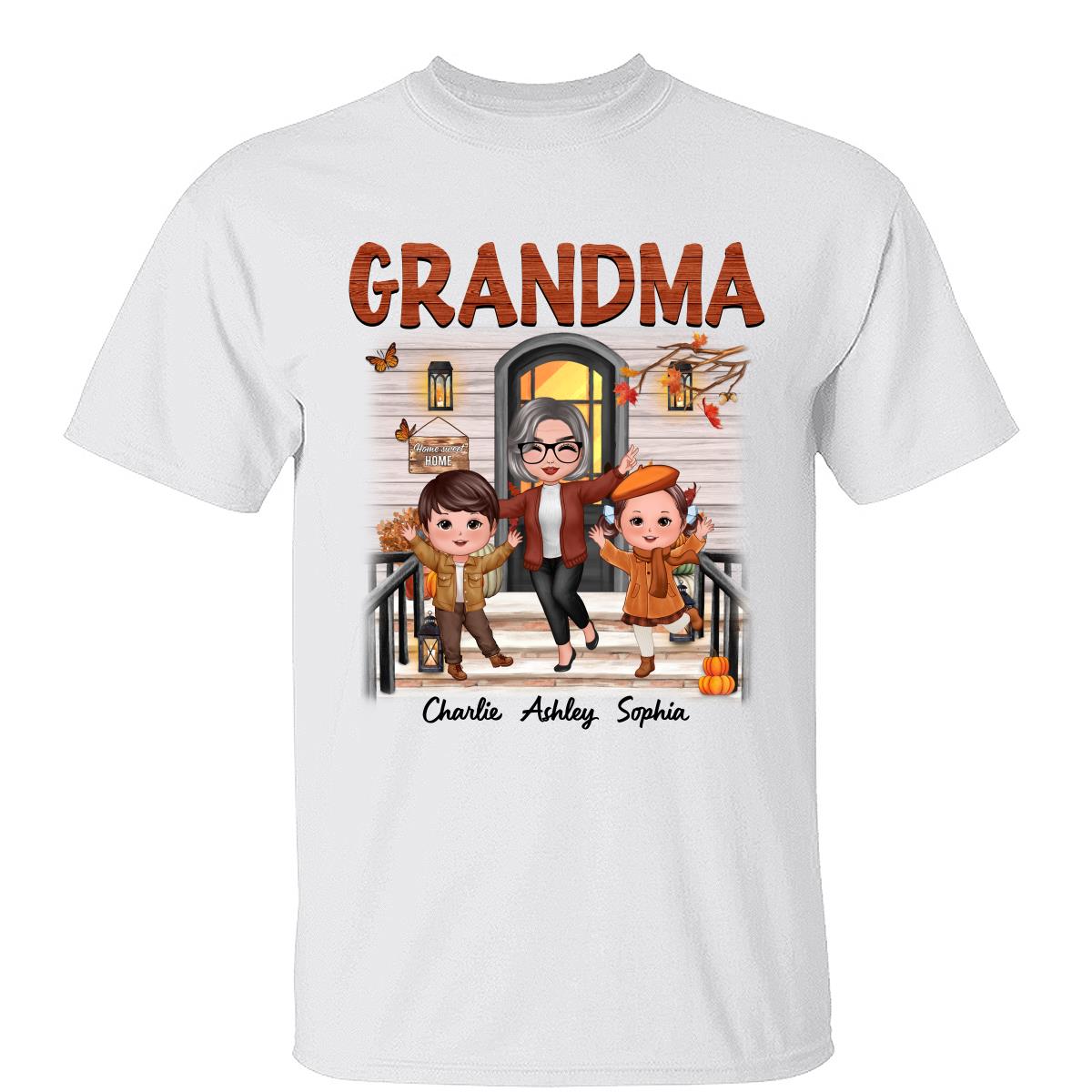 Saison d'automne Poupée heureuse Mamie et petits-enfants Porche avant T-shirt personnalisé — Blanc
