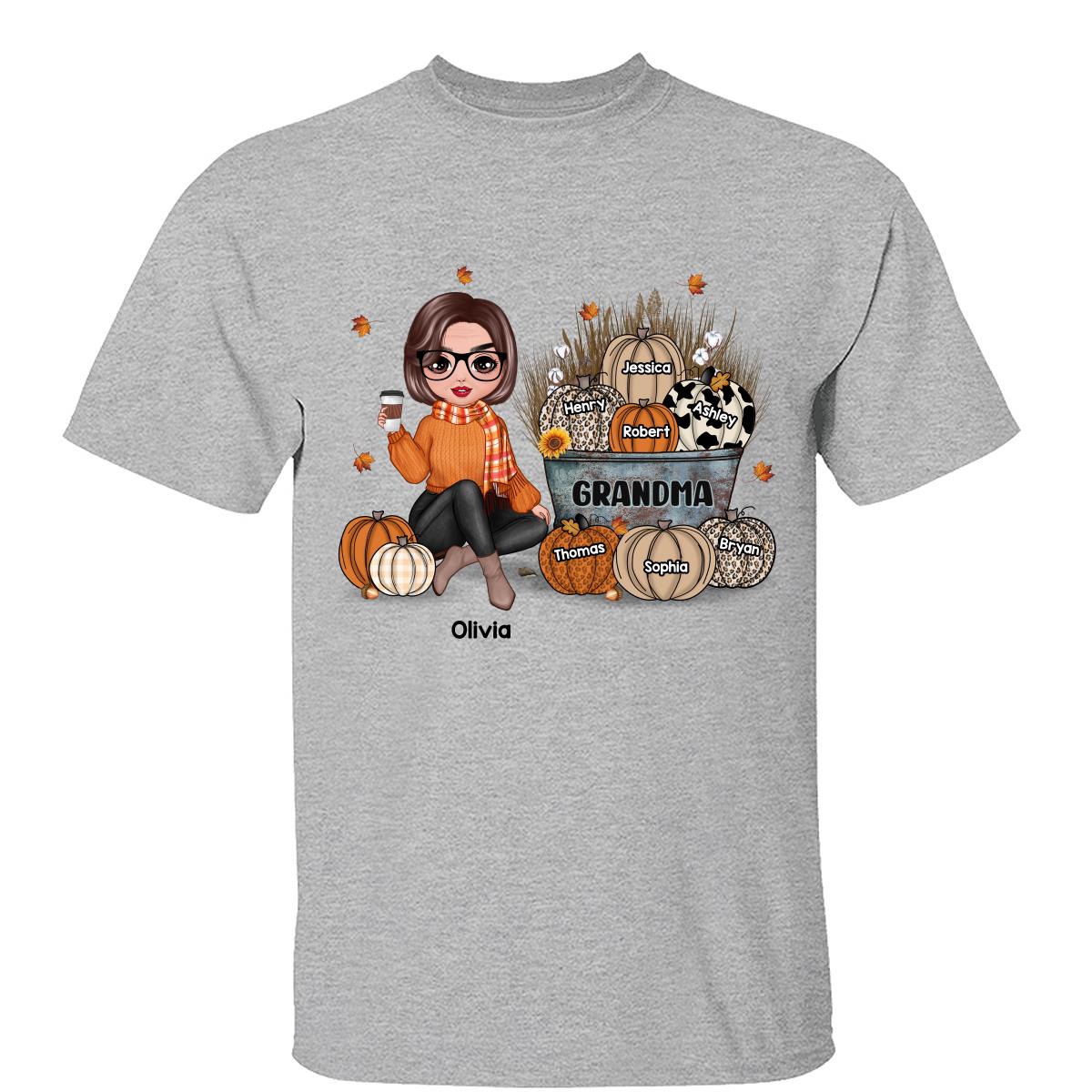 Grand-mère Maman Automne Seau à Citrouille Assis T-shirt Personnalisé — Gris Sport
