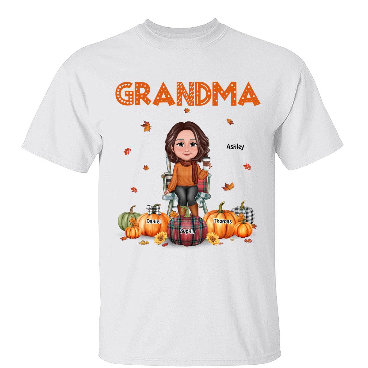 Chemise personnalisée Saison d'automne Grand-mère Maman assise sur une chaise Citrouilles — Blanc