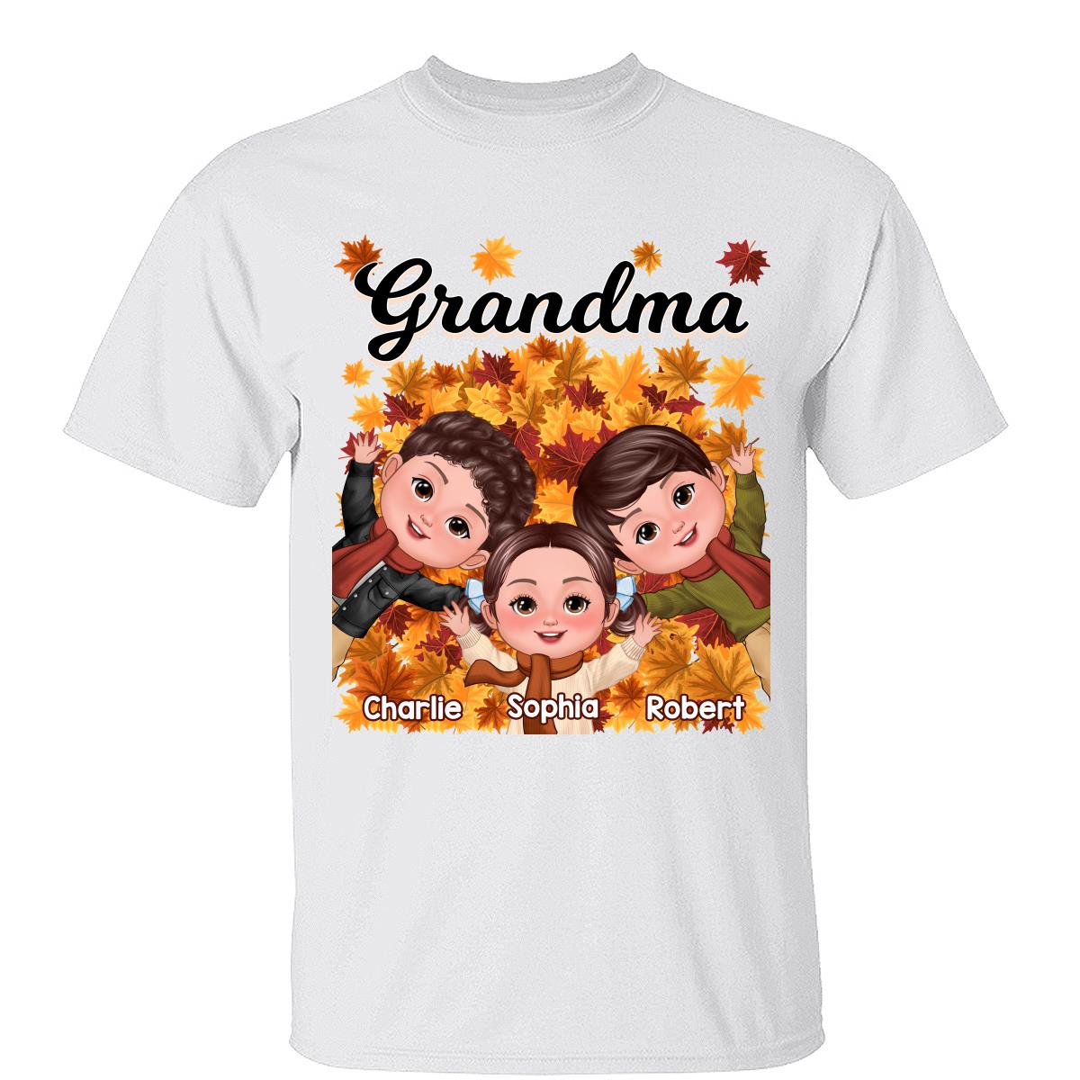 Enfants Joyeux Allongés Sur Des Feuilles D'automne Grand-mère Maman T-shirt Personnalisé — Blanc