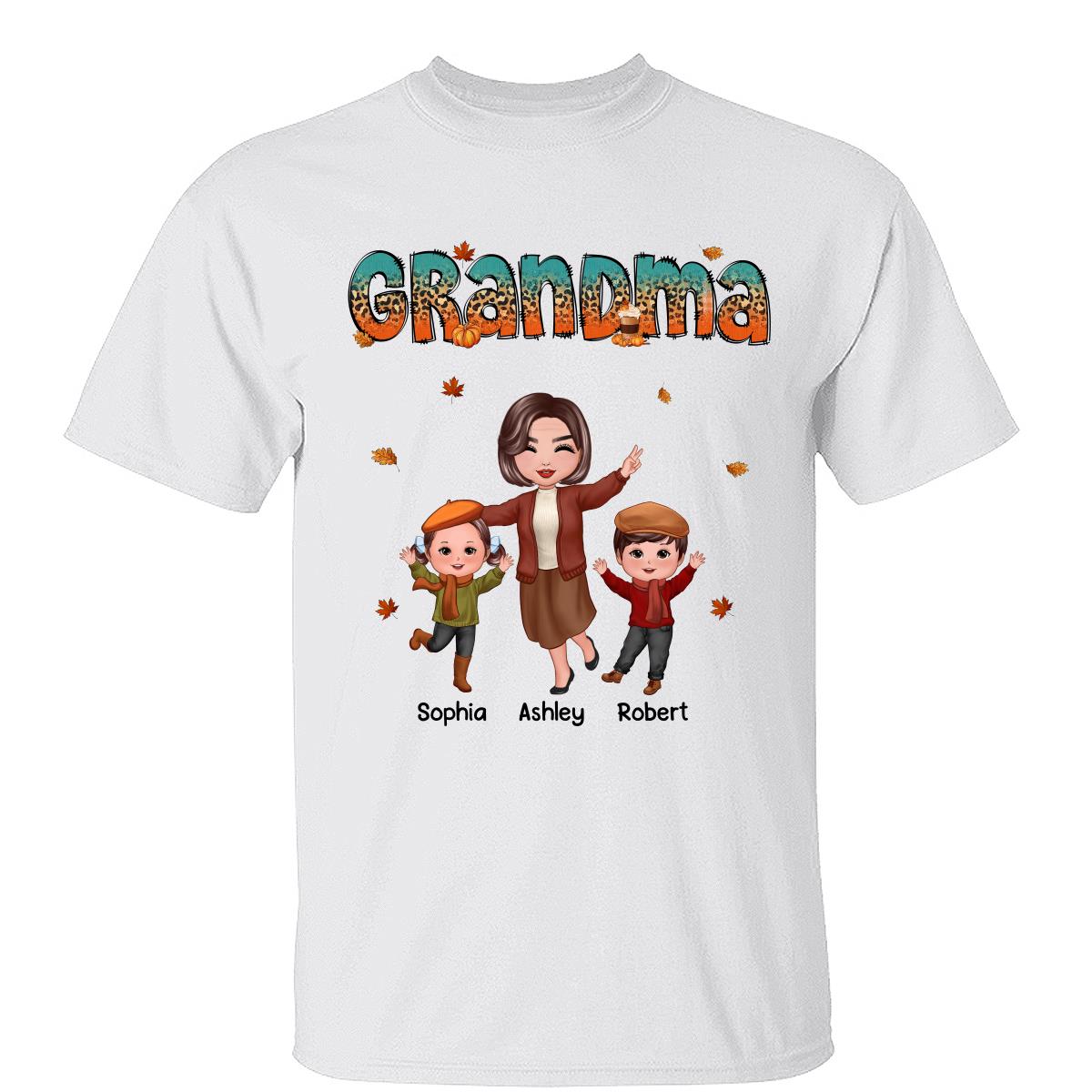 T-shirt personnalisé Joyeuse Grand-mère Petits-enfants Saison d'Automne Bleu Canard Orange Et Léopard — Blanc