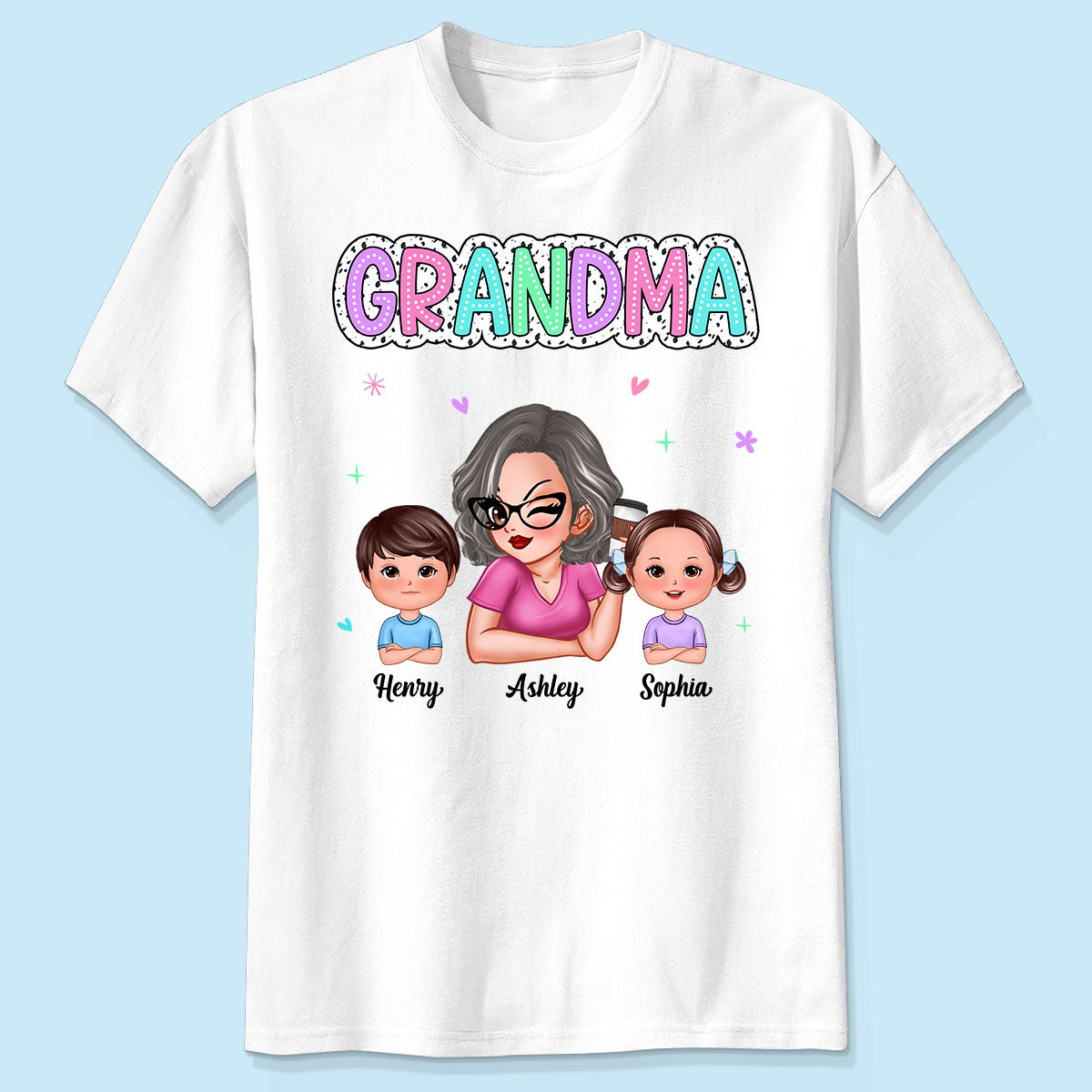 T-shirt Personnalisé Été Pastel À Pois Dalmatiens Mamie Et Petits-Enfants — Blanc