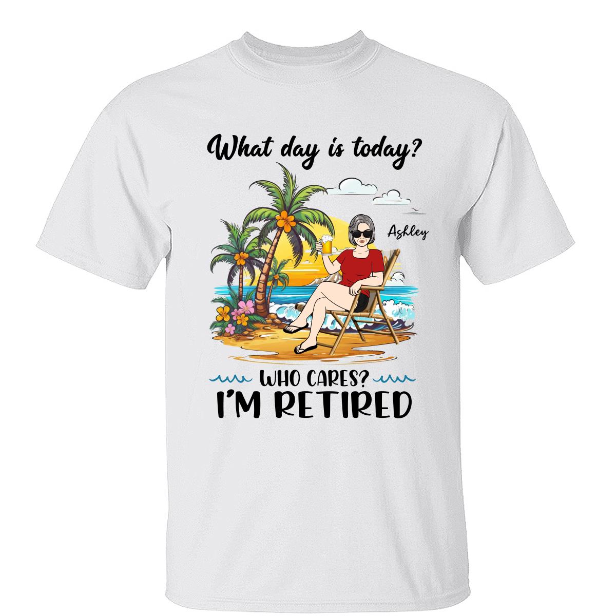 Paysage de plage d'été Quel jour sommes-nous aujourd'hui Je suis à la retraite Femme T-shirt personnalisé — Blanc