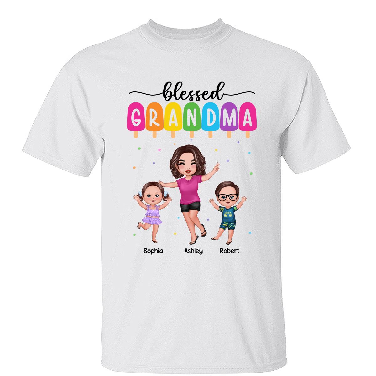 T-shirt Personnalisé Poupée Joyeuse d'Été Mamie Petits-enfants — Blanc