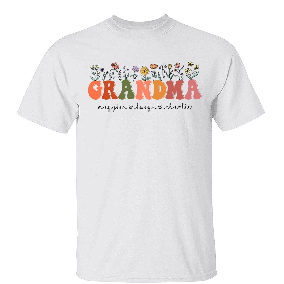 Mamie Fleuri Ambiance Été Prénoms Des Petits-Enfants T-Shirt Personnalisé — Blanc