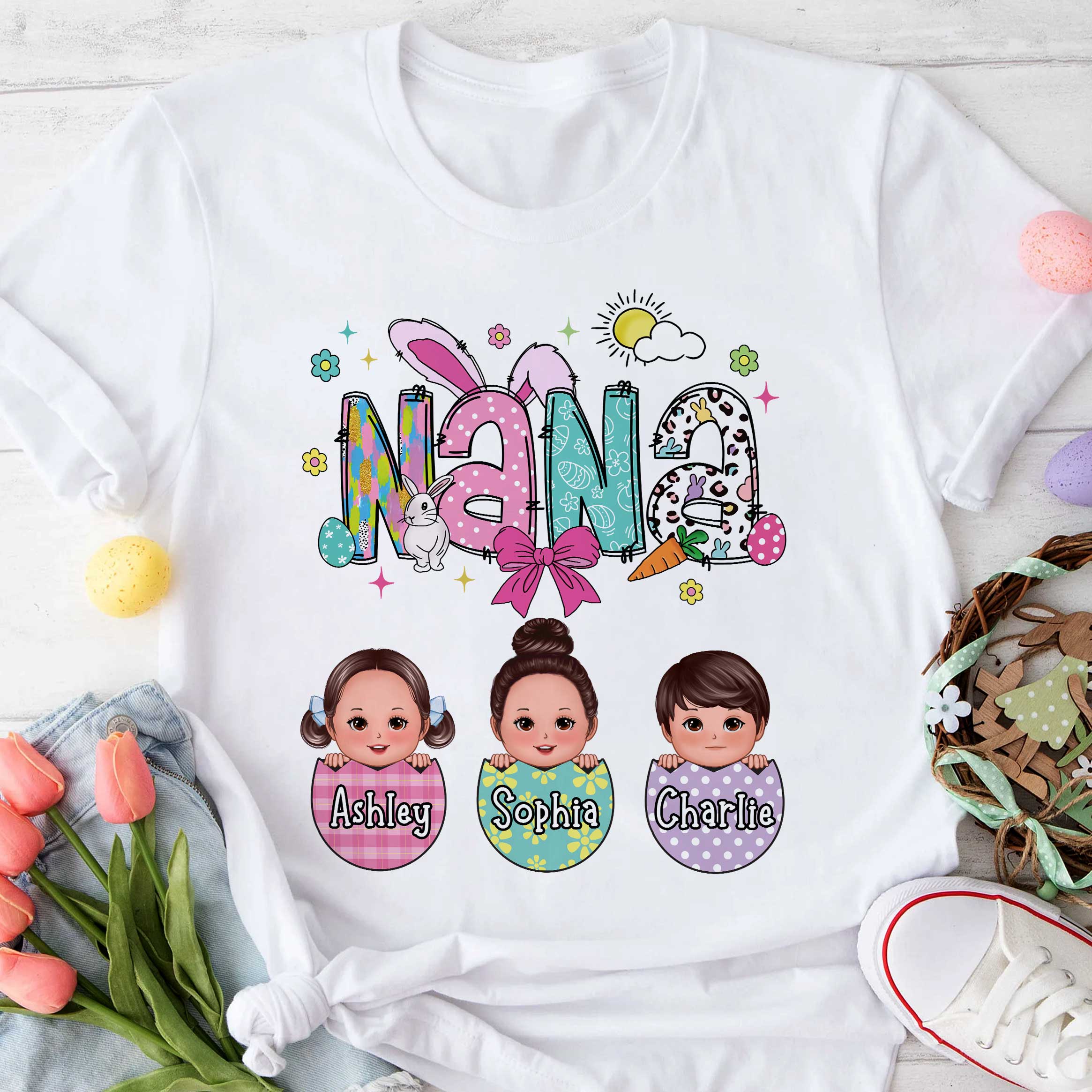 T-shirt Personnalisé Mamie Maman Gigi Œufs de Pâques Prénoms des Enfants — Blanc