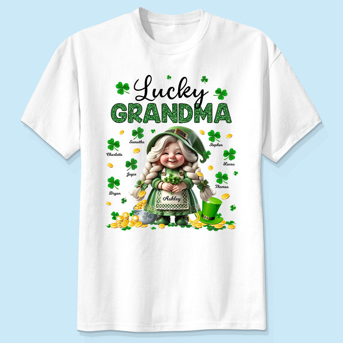 T-shirt Personnalisé Gnome Saint-Patrick Grand-Mère Chanceuse — Blanc