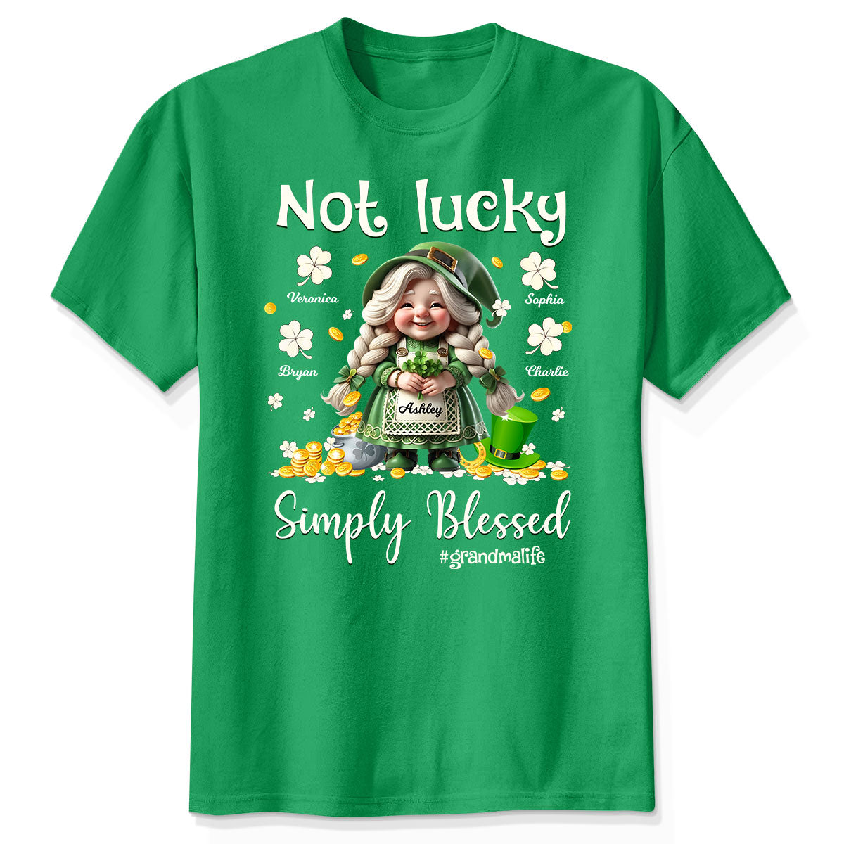 Jour de la Saint-Patrick Not Lucky Simply Bless Gnome Grandma T-shirt personnalisé — Blanc